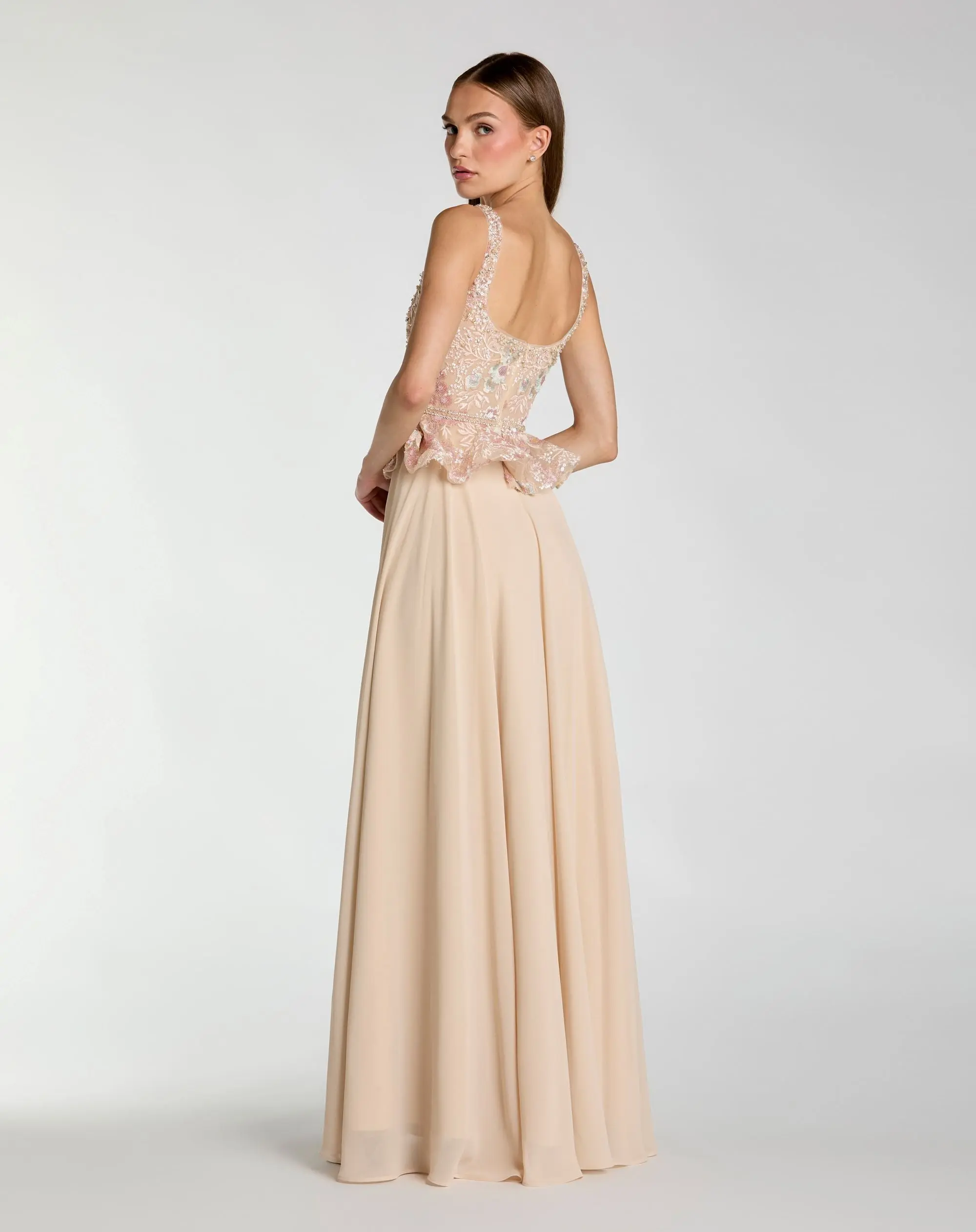 Petite Beige Embroidered Peplum Top With Chiffon Skirt Gown - Image 3