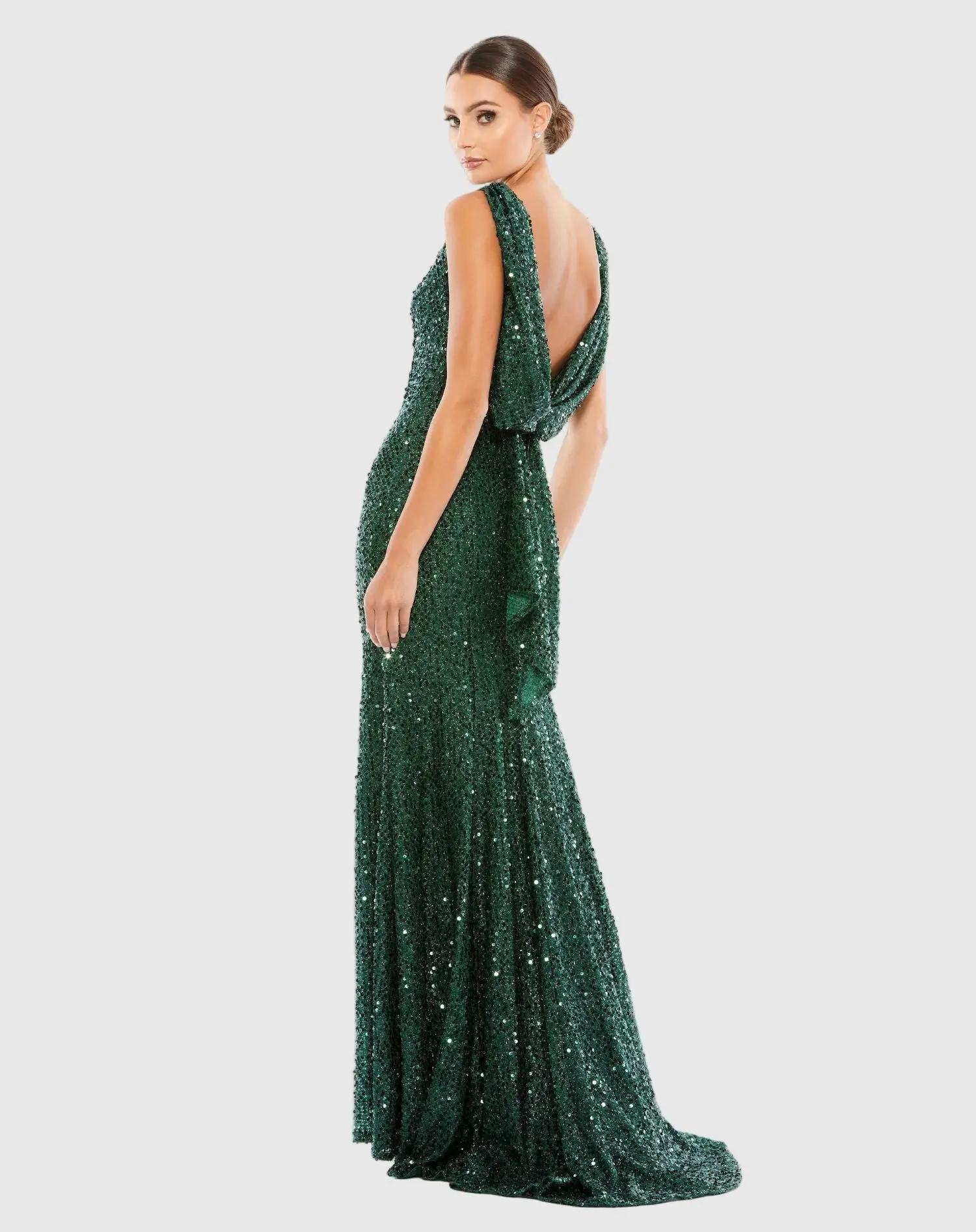 Petite Green Cowl Back Boat Neck Sequined Evening Gown - Image 4