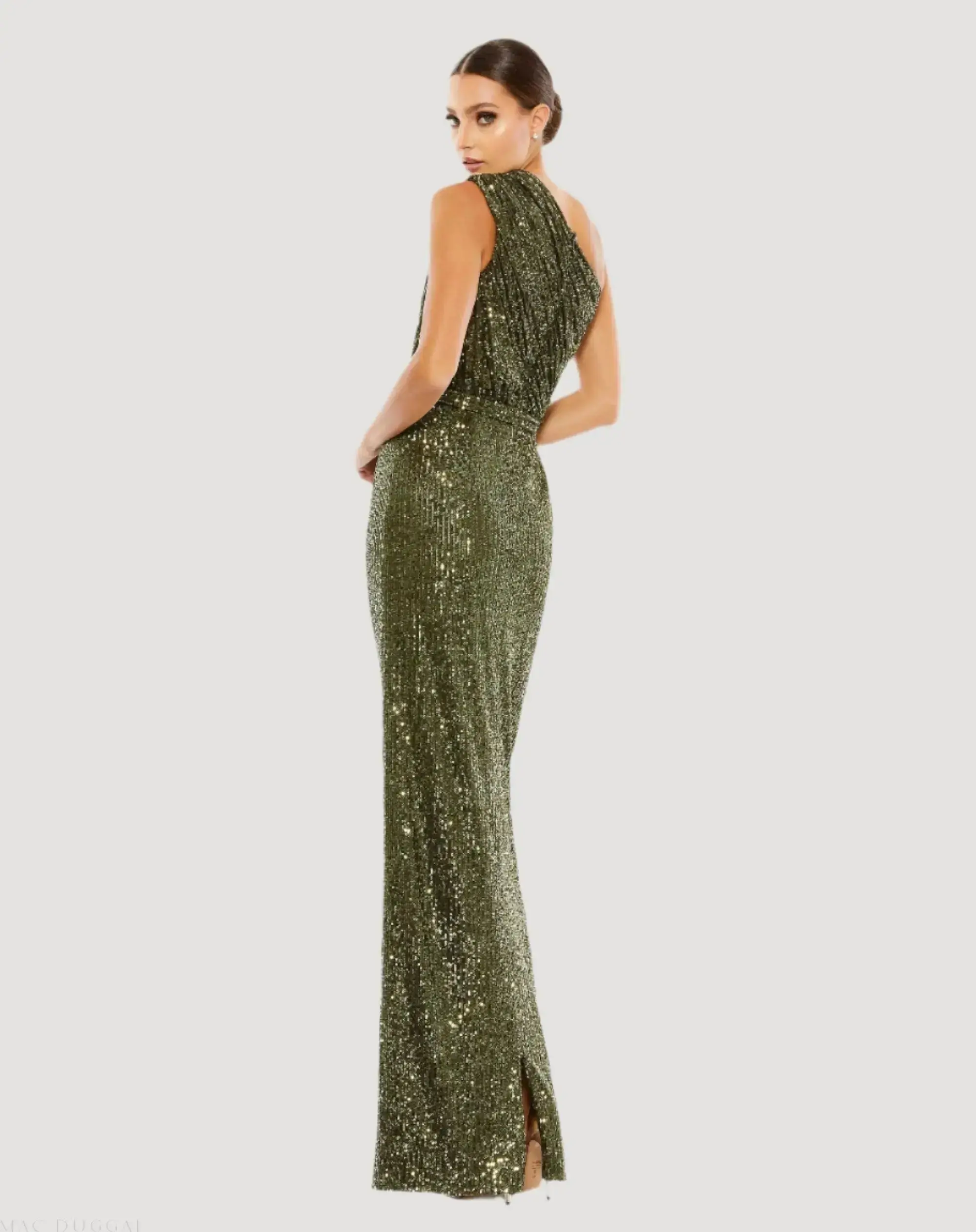 Petite Dark Green Sequined Ruched One Shoulder Gown - Image 3