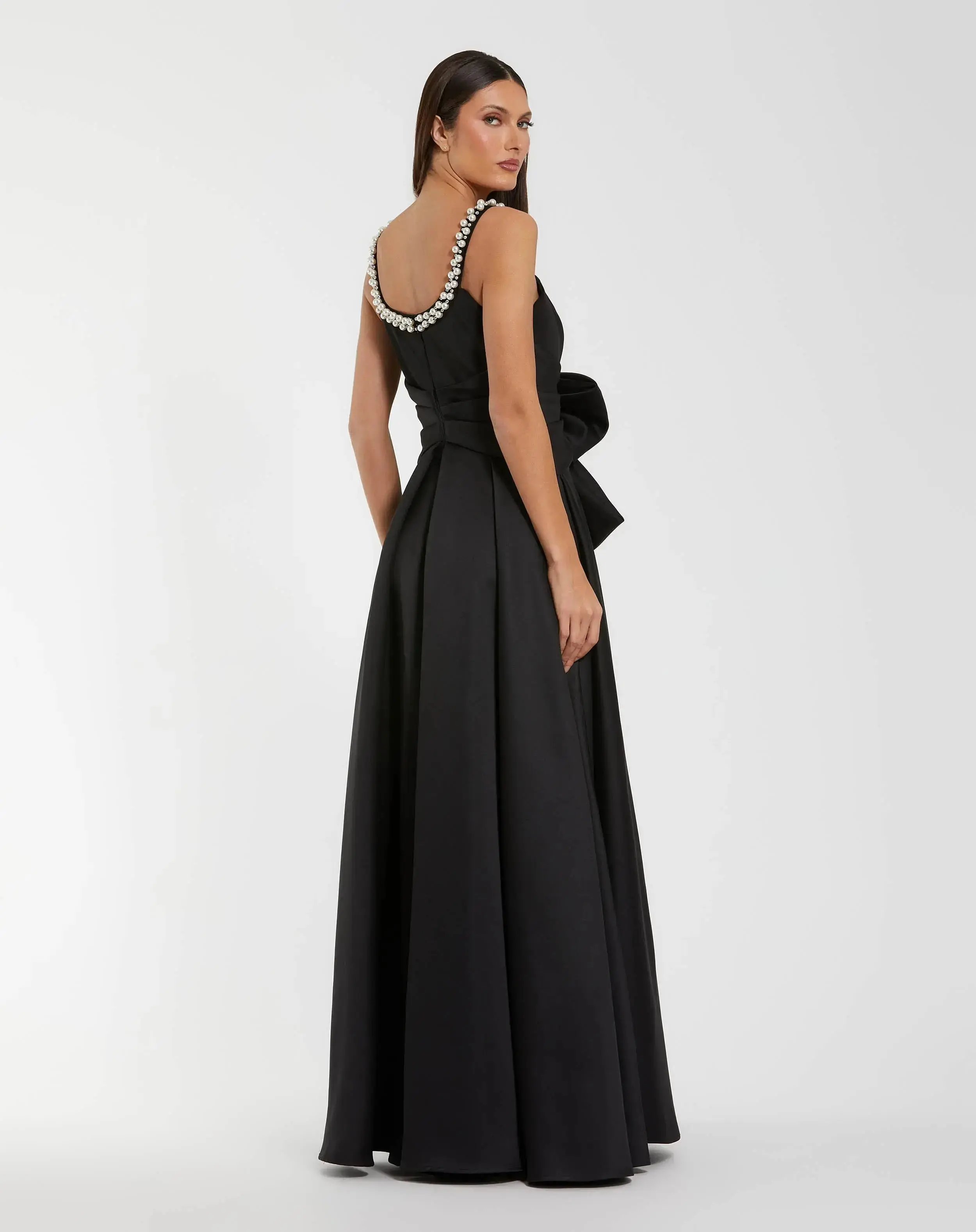 Petite Black Satin Gown With Pearl Neckline and Bow Detail - Image 3