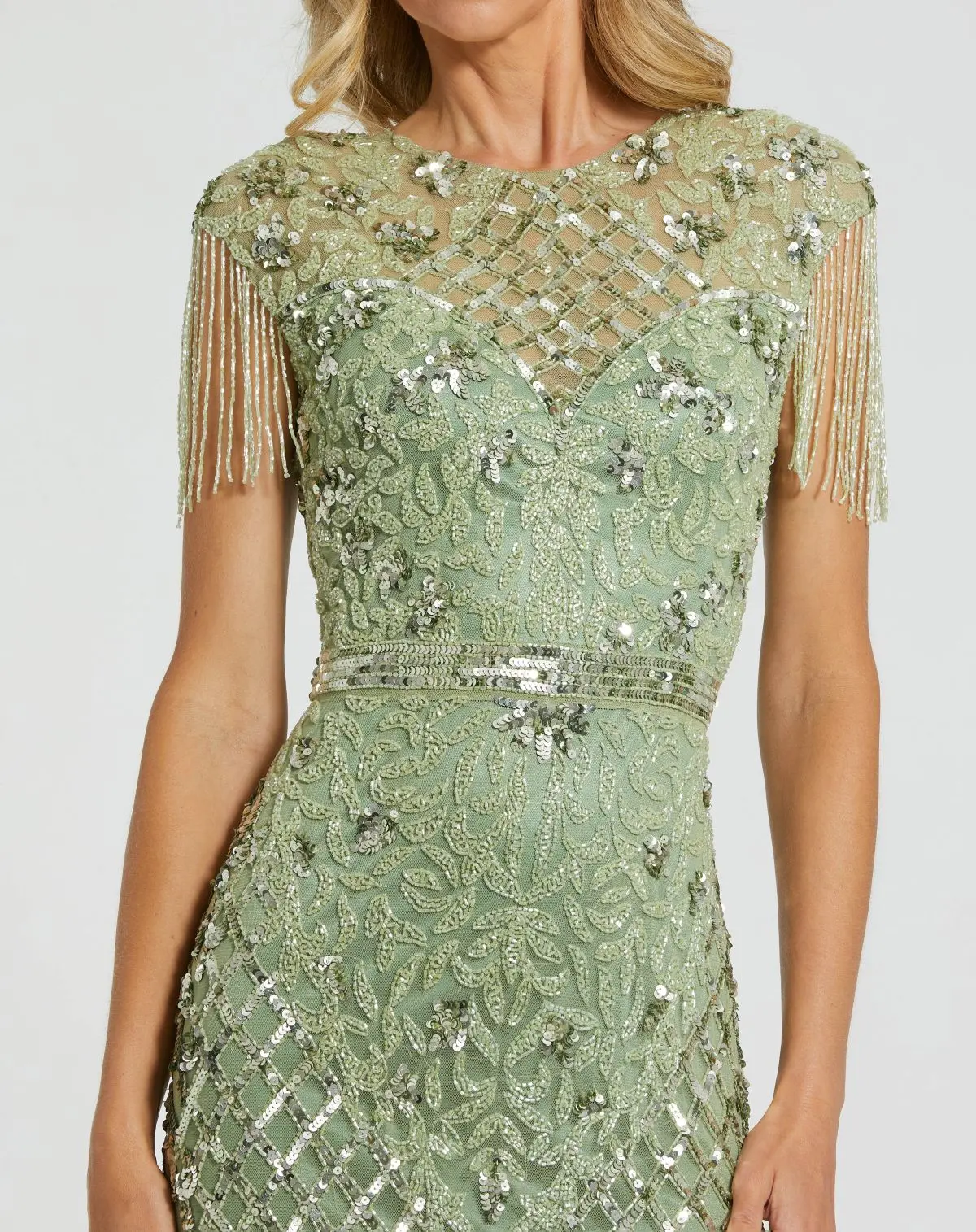 Petite Green High Neck Beaded Fringe Fitted Gown - Image 2