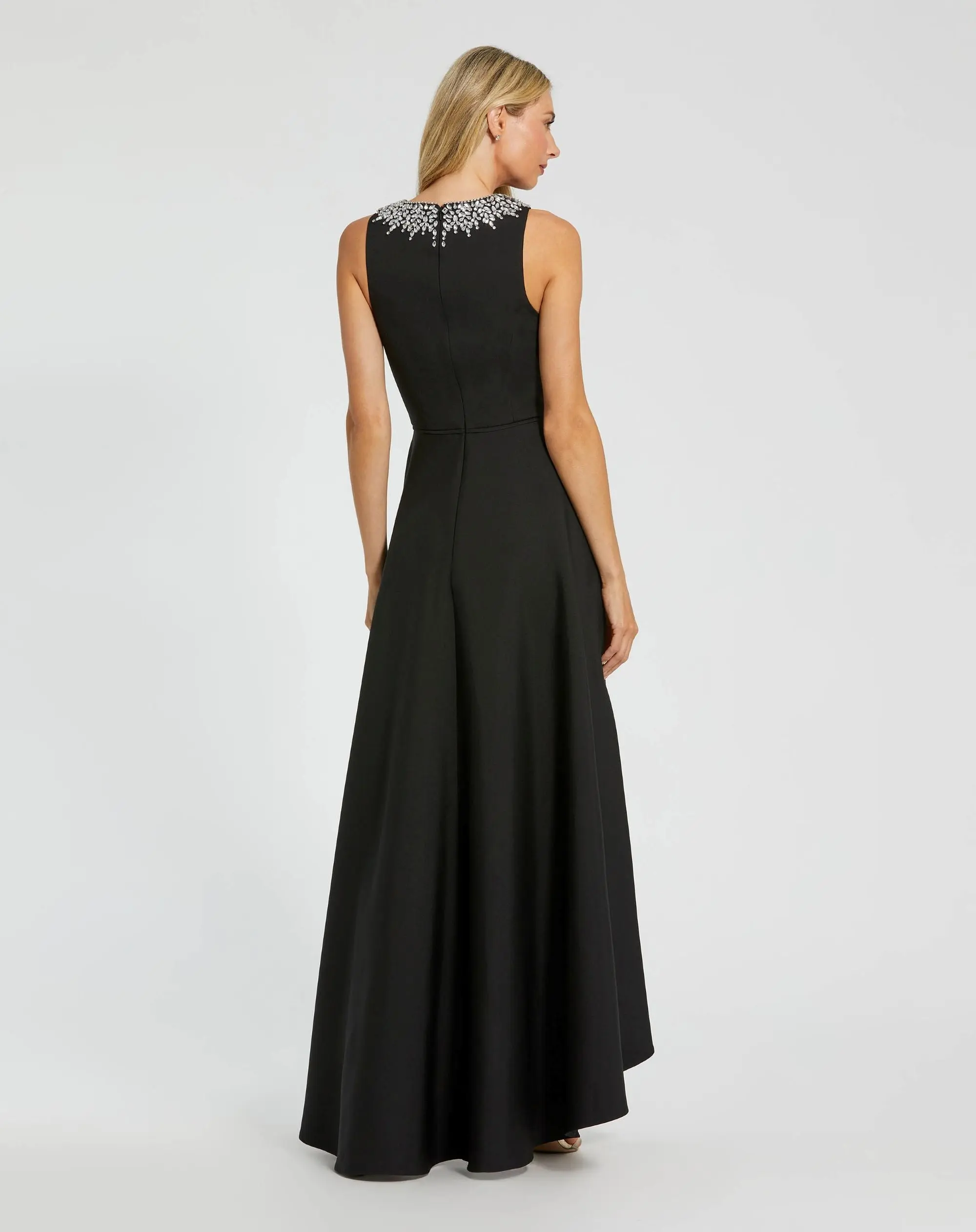 Petite Black Crepe Embellished Neck High Low Gown - Image 4