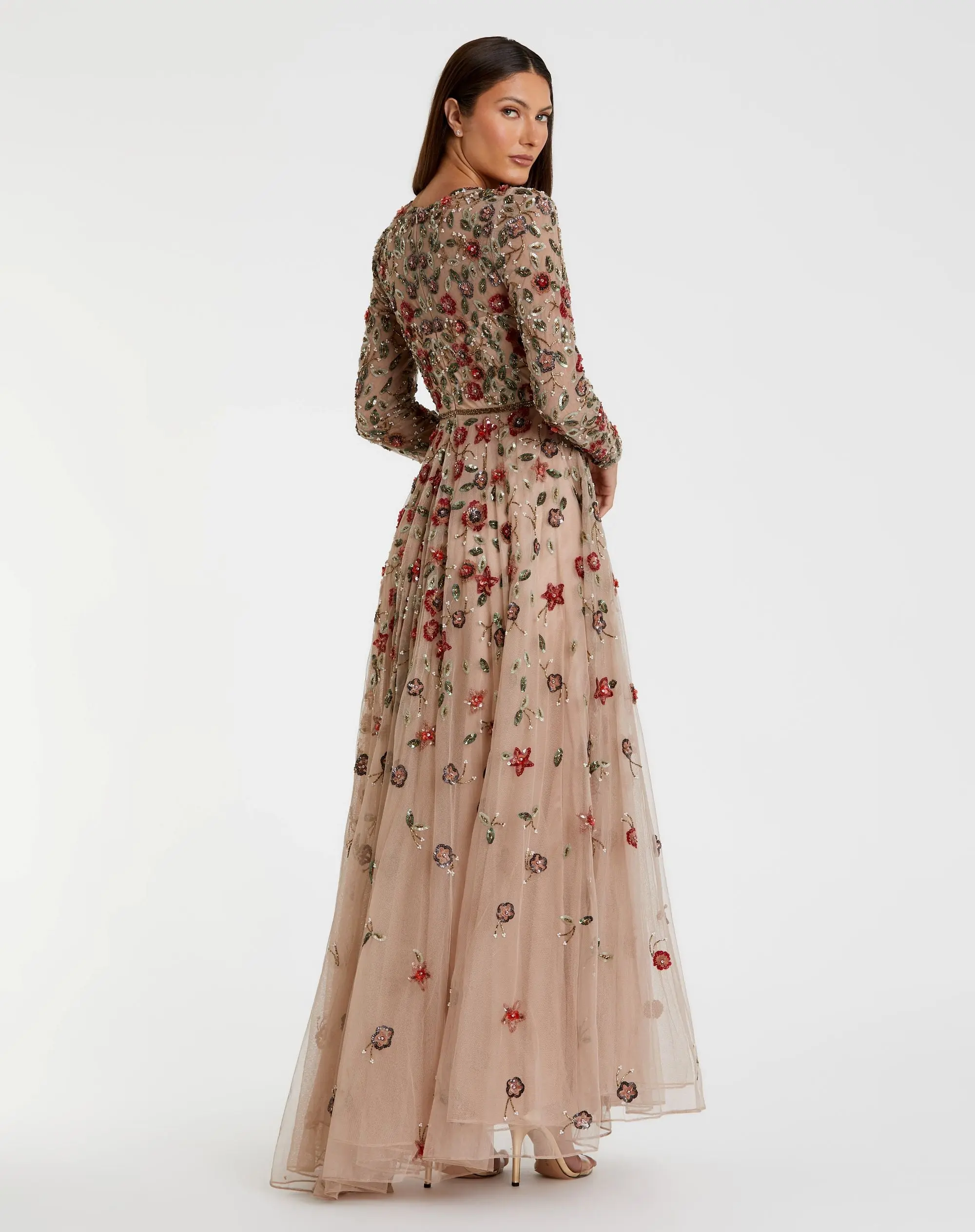Petite Beige Embellished High Neck Long Sleeve A Line Gown - Image 3