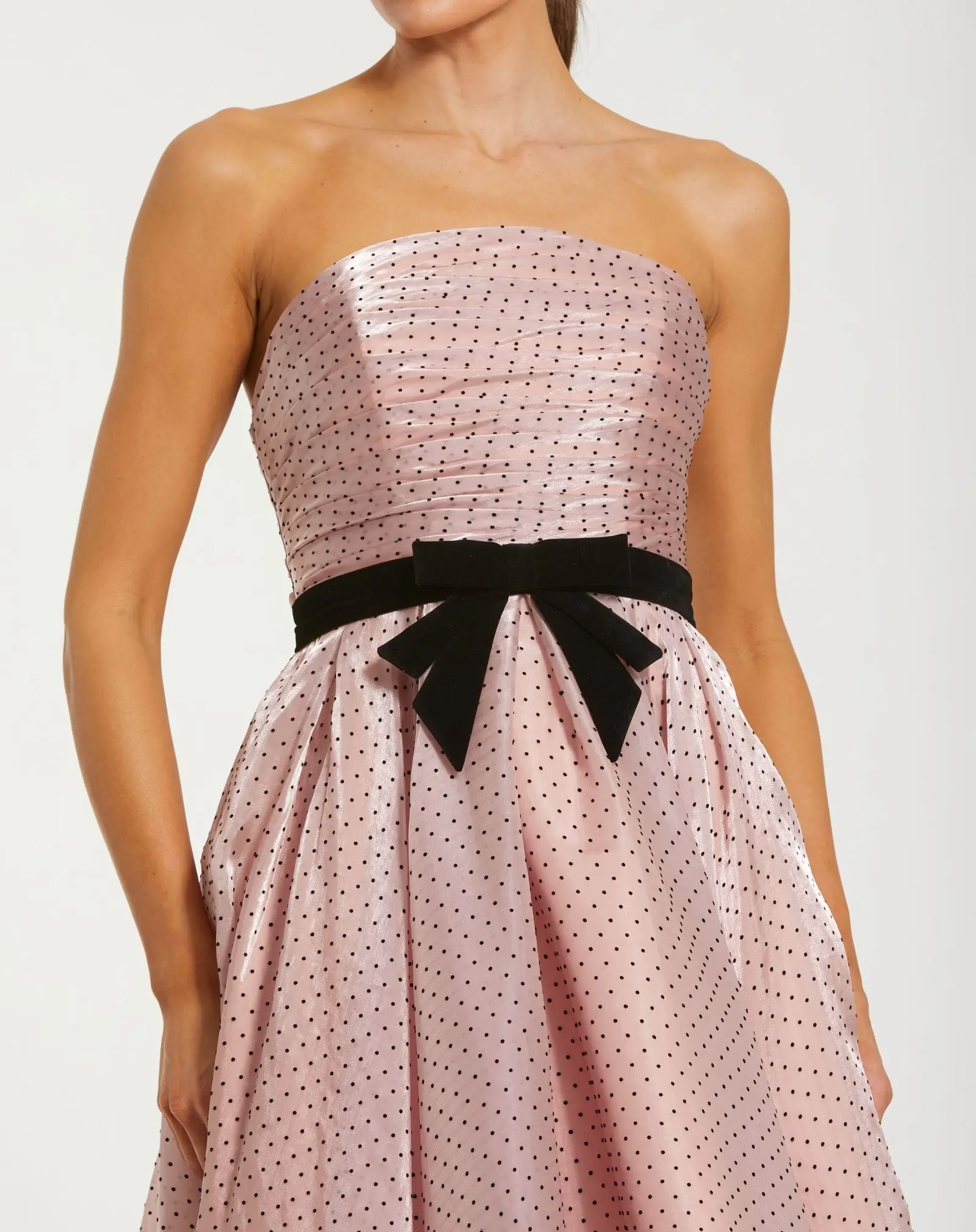 Petite Pink Polka Dot Organza Strapless Dress With Bow - Image 2