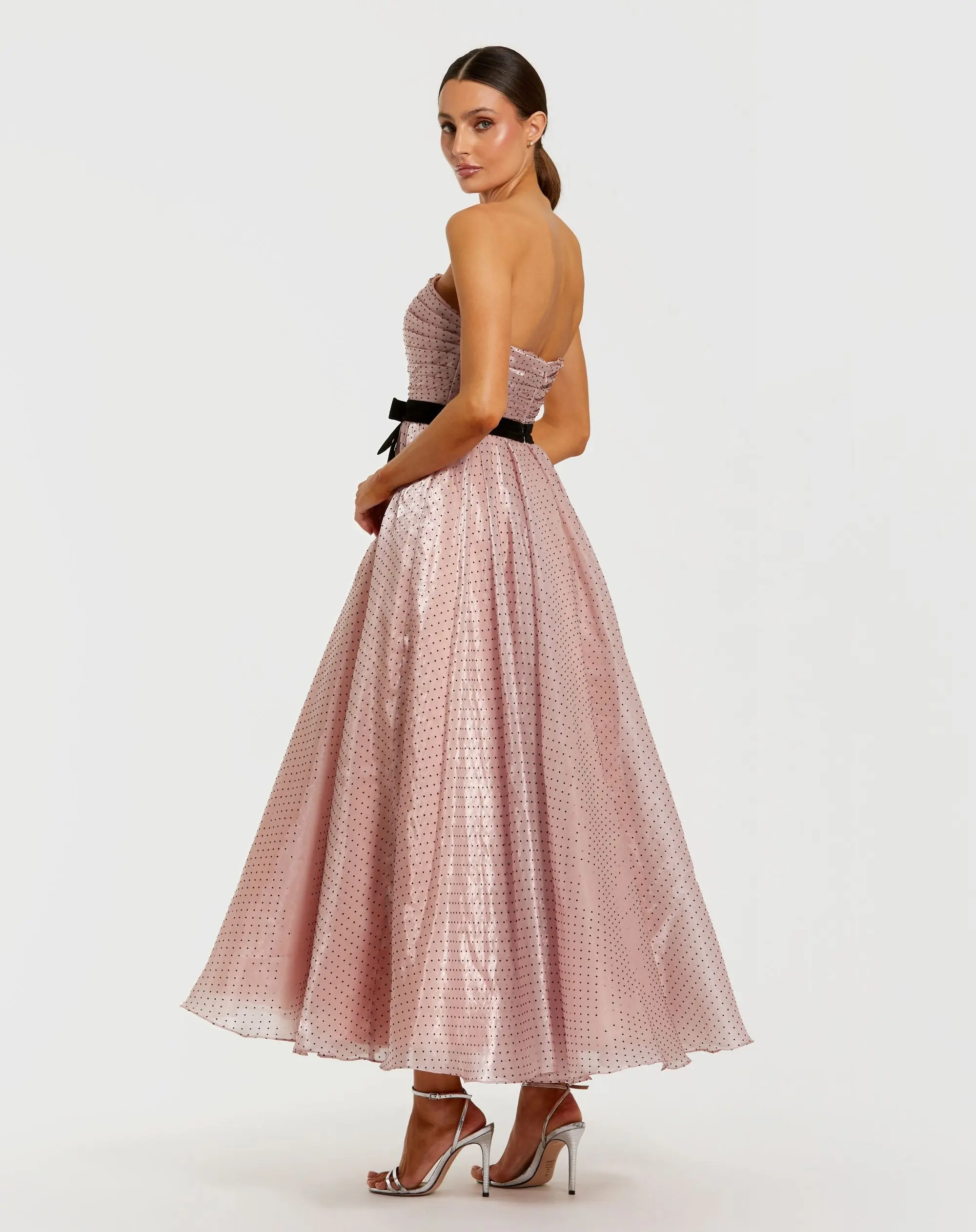 Petite Pink Polka Dot Organza Strapless Dress With Bow - Image 3