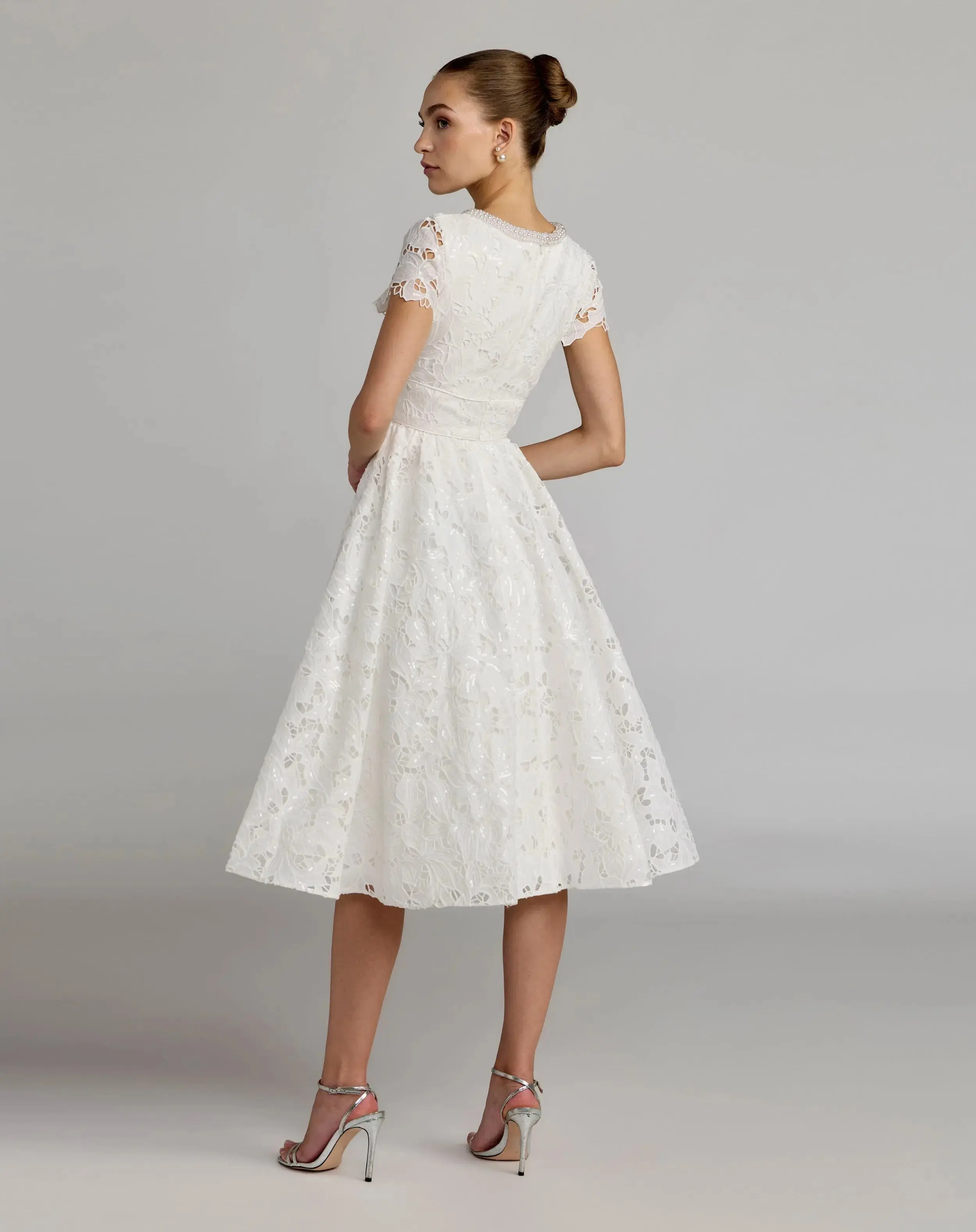 Petite White Embroidered Lace A Line Midi Dress - Image 3