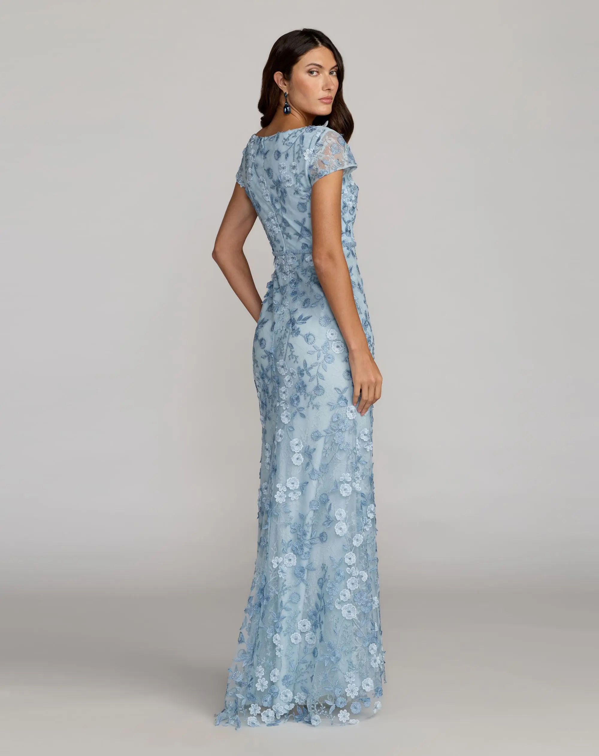 Petite Blue Floral Applique Boat Neck Cap Sleeve Gown - Image 3