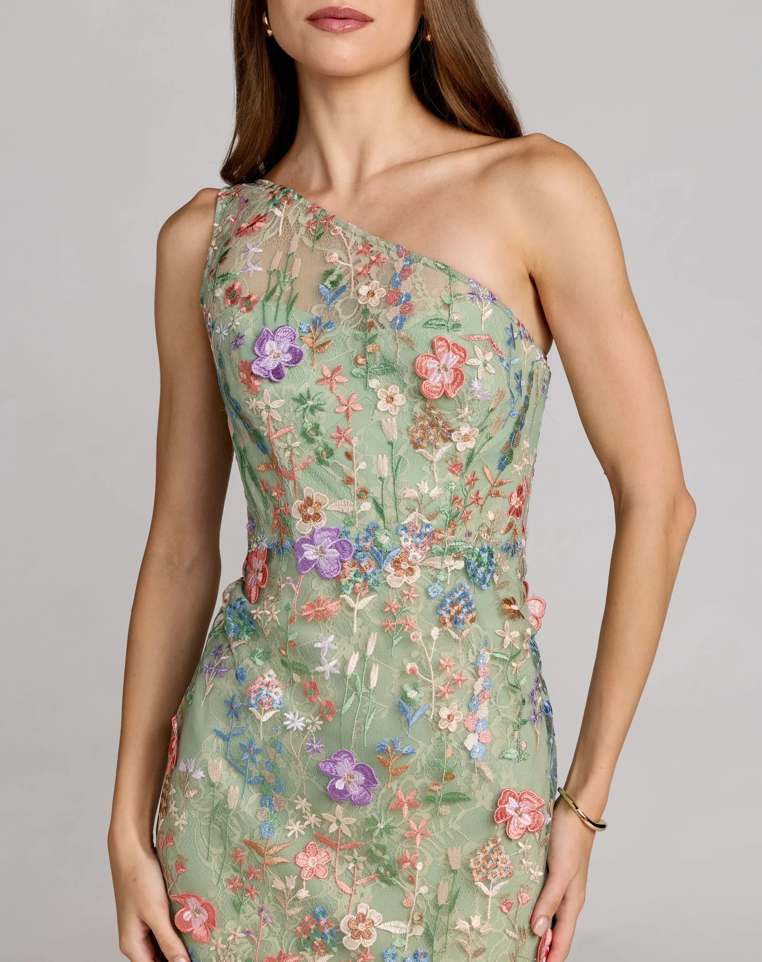 Petite Green One Shoulder Floral Embroidered Gown - Image 2