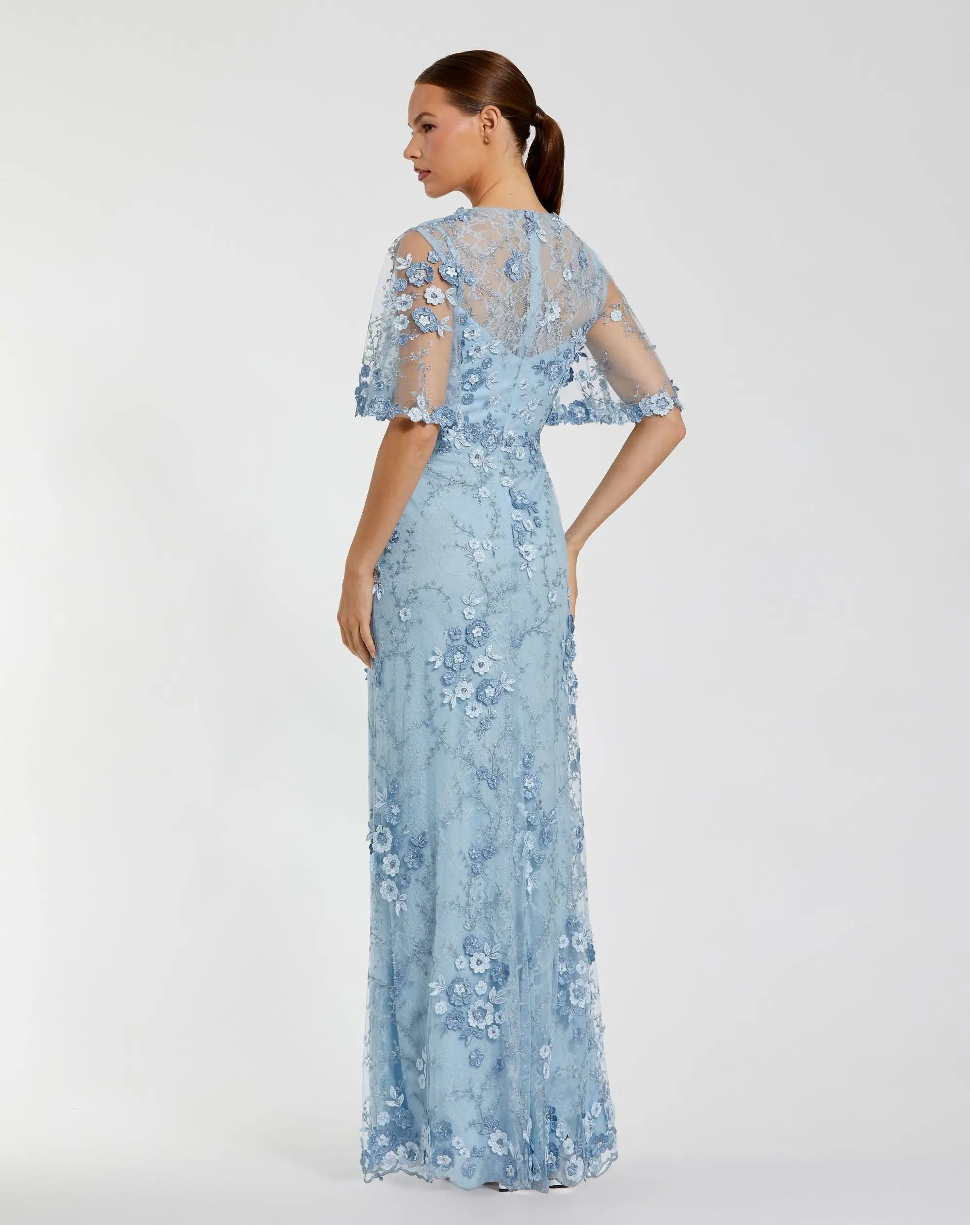Petite Blue Flutter Sleeve Floral Embroidered Net Gown - Image 3