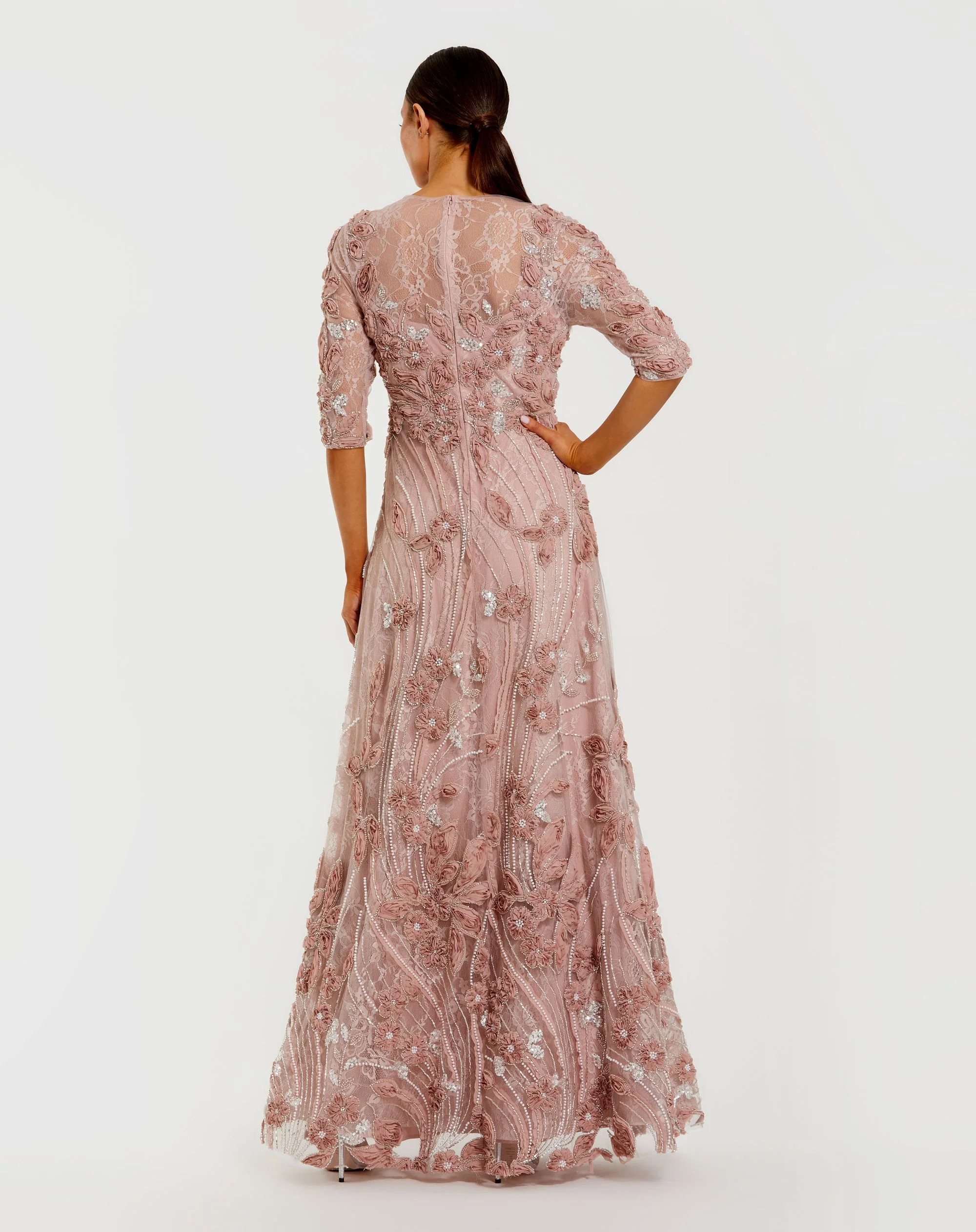 Petite Pink High Neck Embellished Lace Gown with 3/4 Sleeves - Image 3