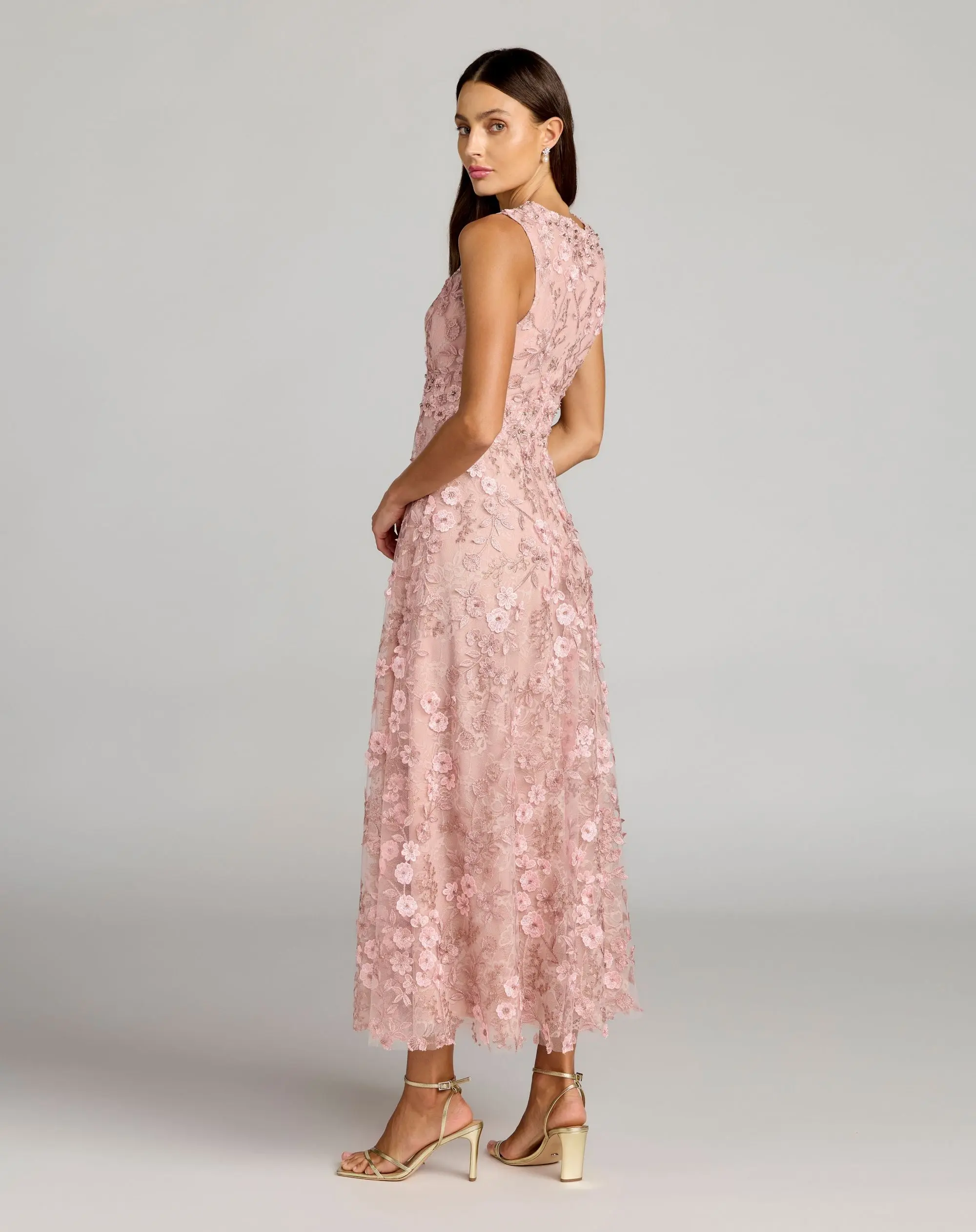 Petite Pink Floral Embroidered High Neck Midi Dress - Image 3