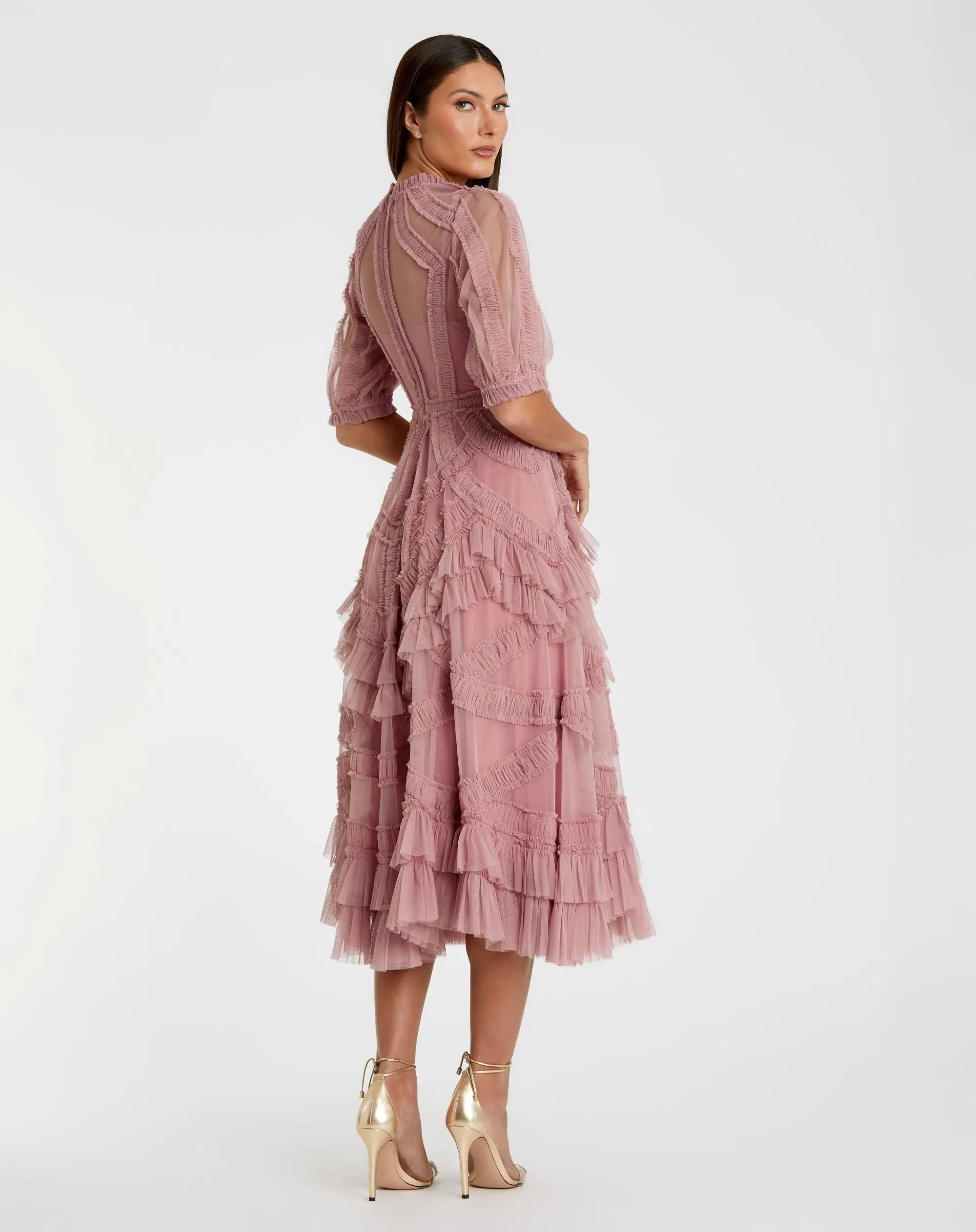 Petite Pink High Neck Ruffle Tiered A-Line Midi Dress - Image 3