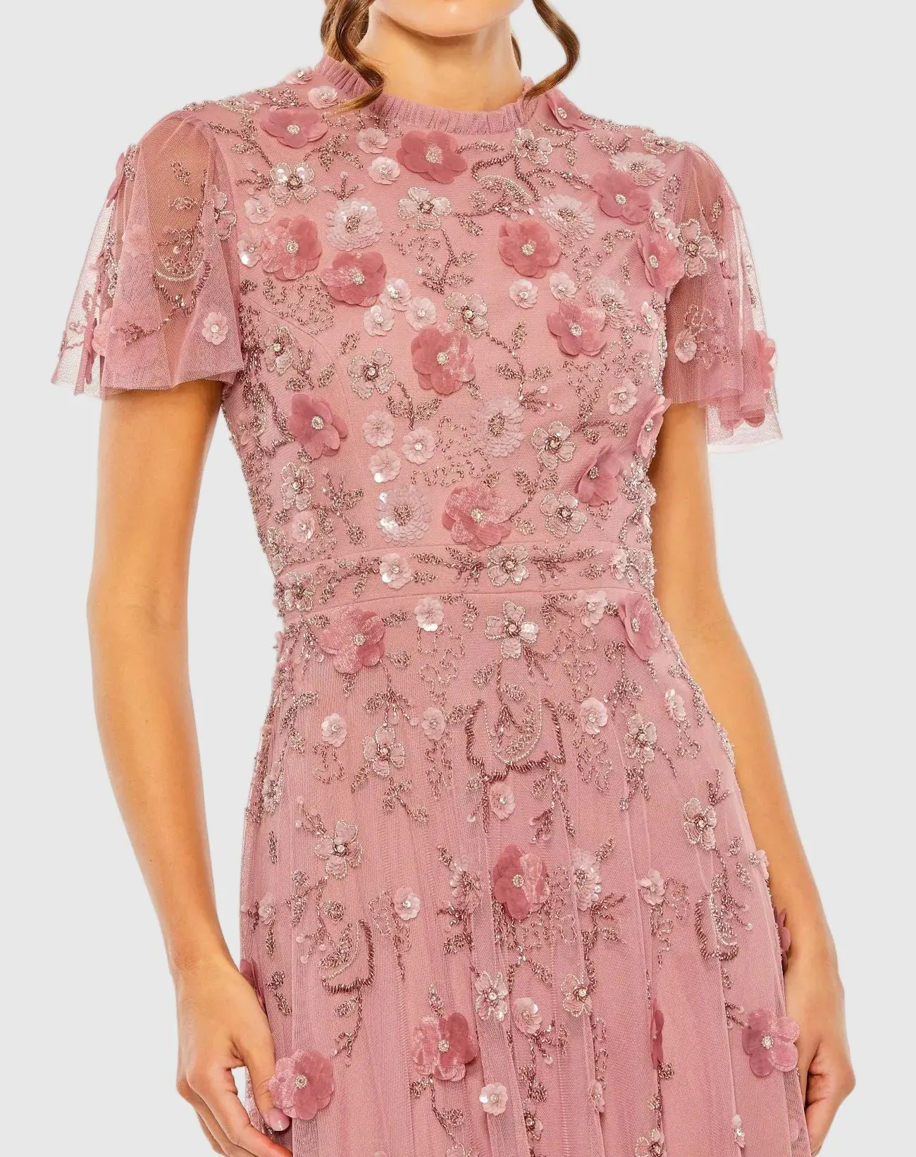 Petite Pink Embellished High Neck Flutter Sleeve A Line Dress - Image 2