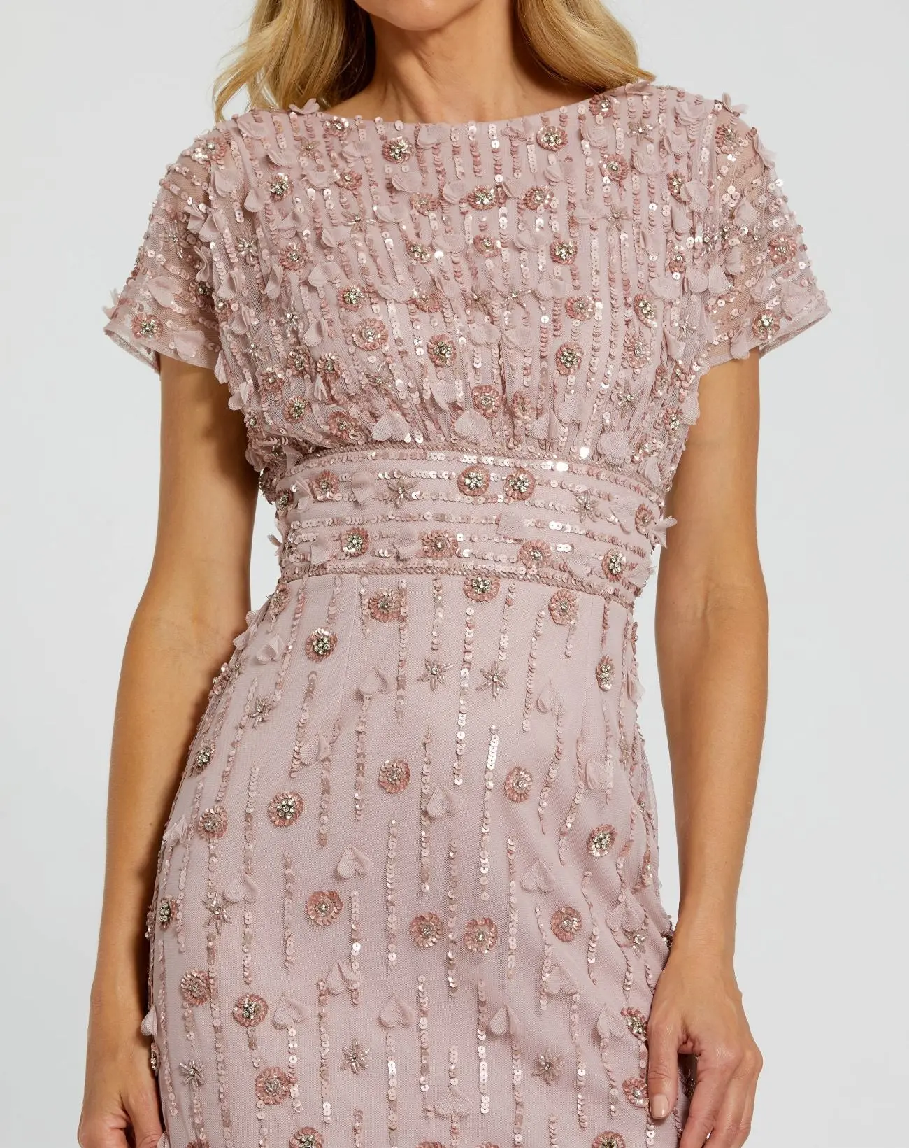 Petite Pink Cap Sleeve Sheath Midi Dress With Floral Beading - Image 2