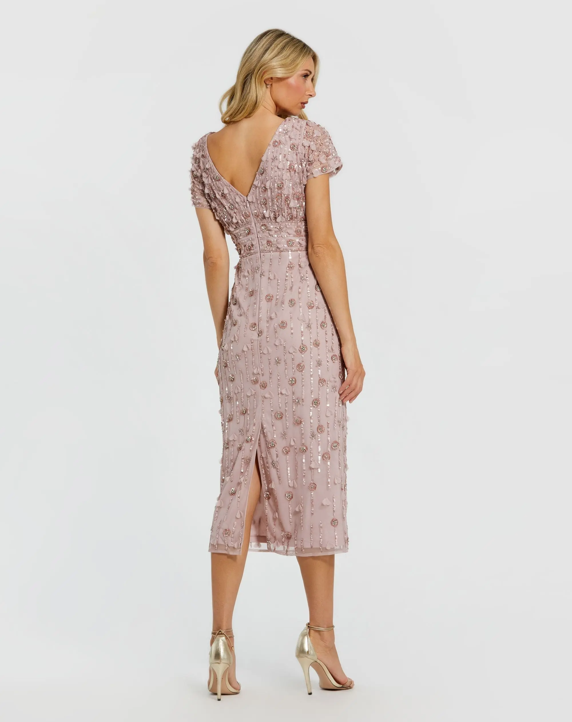 Petite Pink Cap Sleeve Sheath Midi Dress With Floral Beading - Image 3