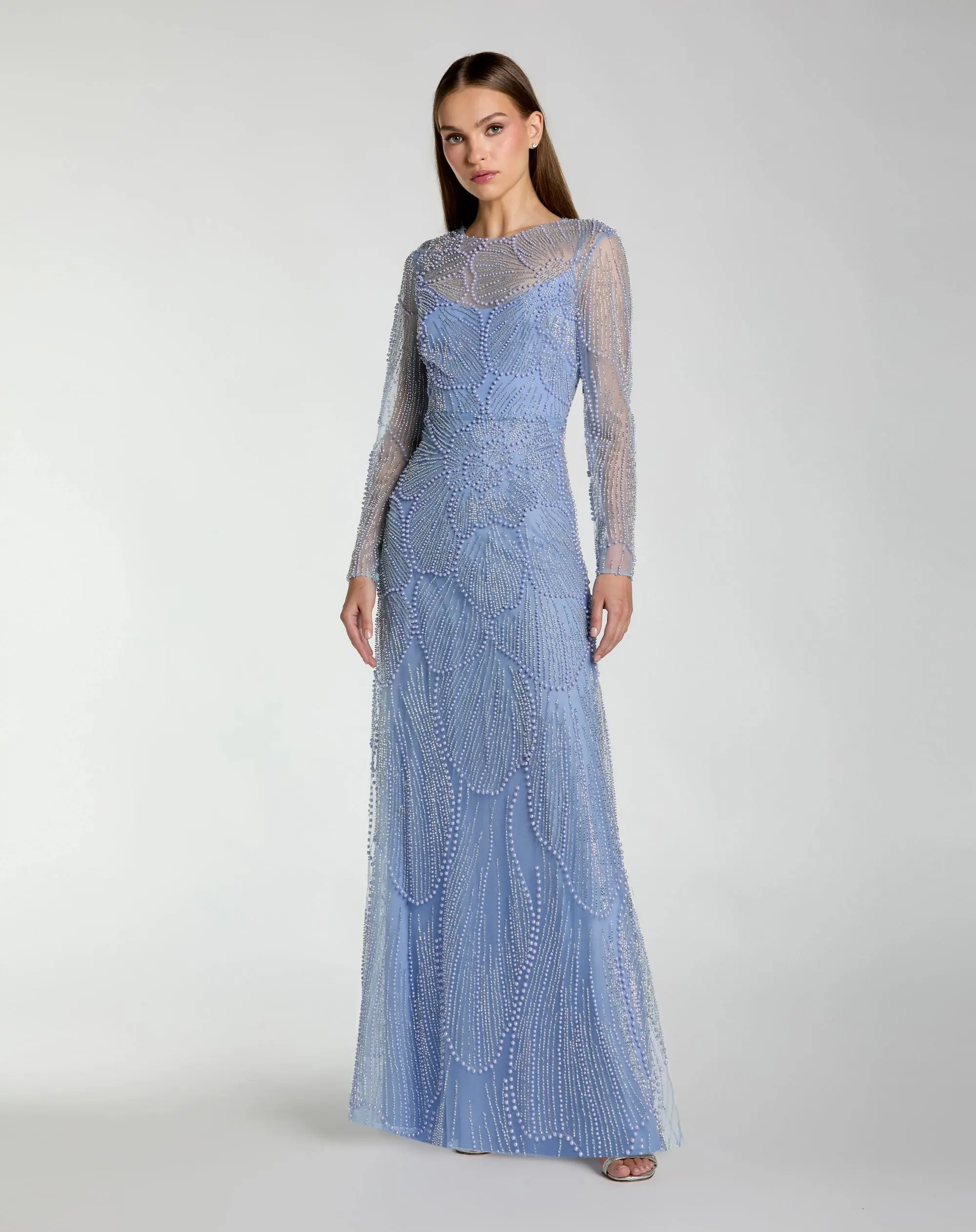 Blue Beaded High Neck Long Sleeve A Line Gown