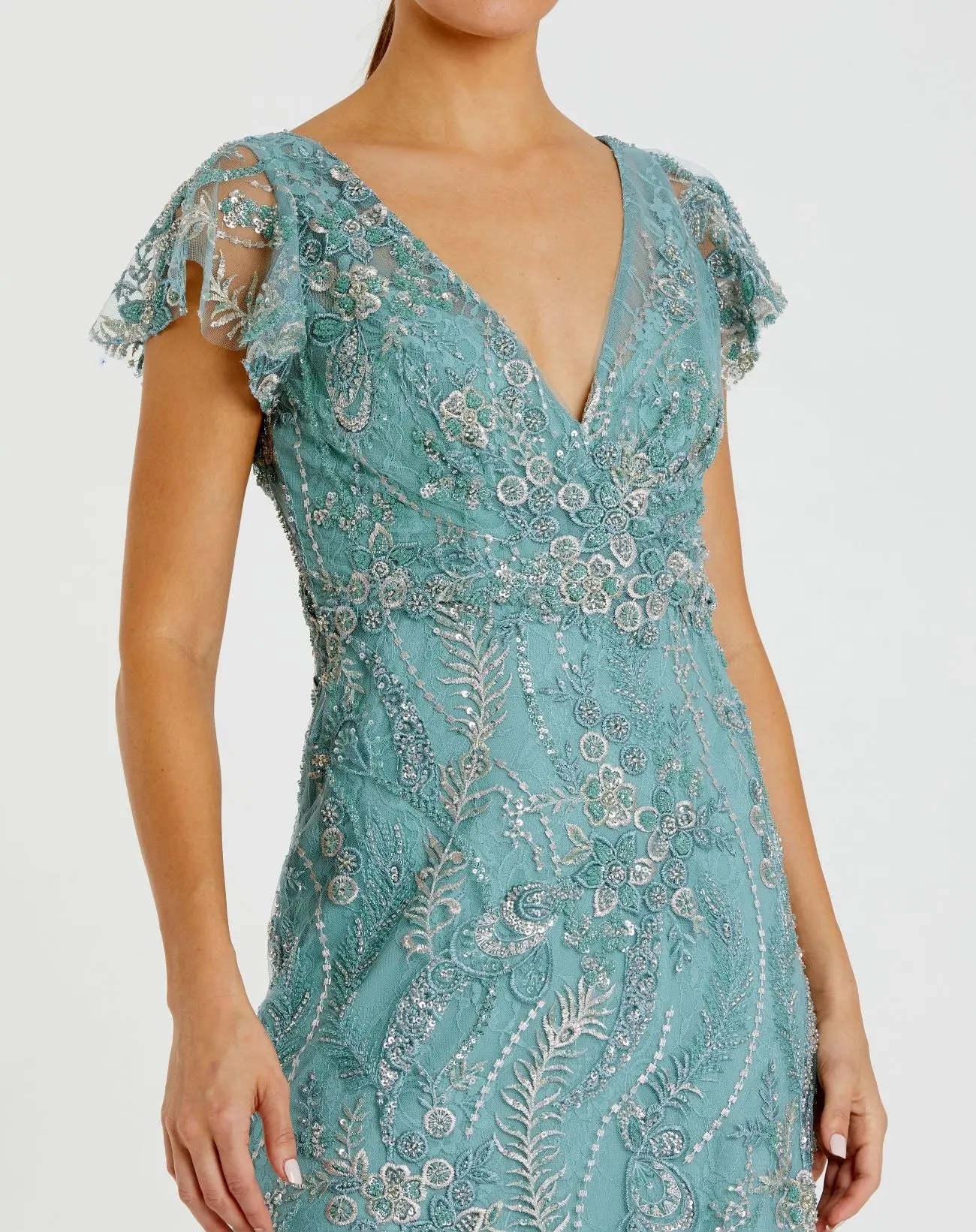 Blue V Neck Flutter Sleeve Embroidered Lace Gown - Image 2