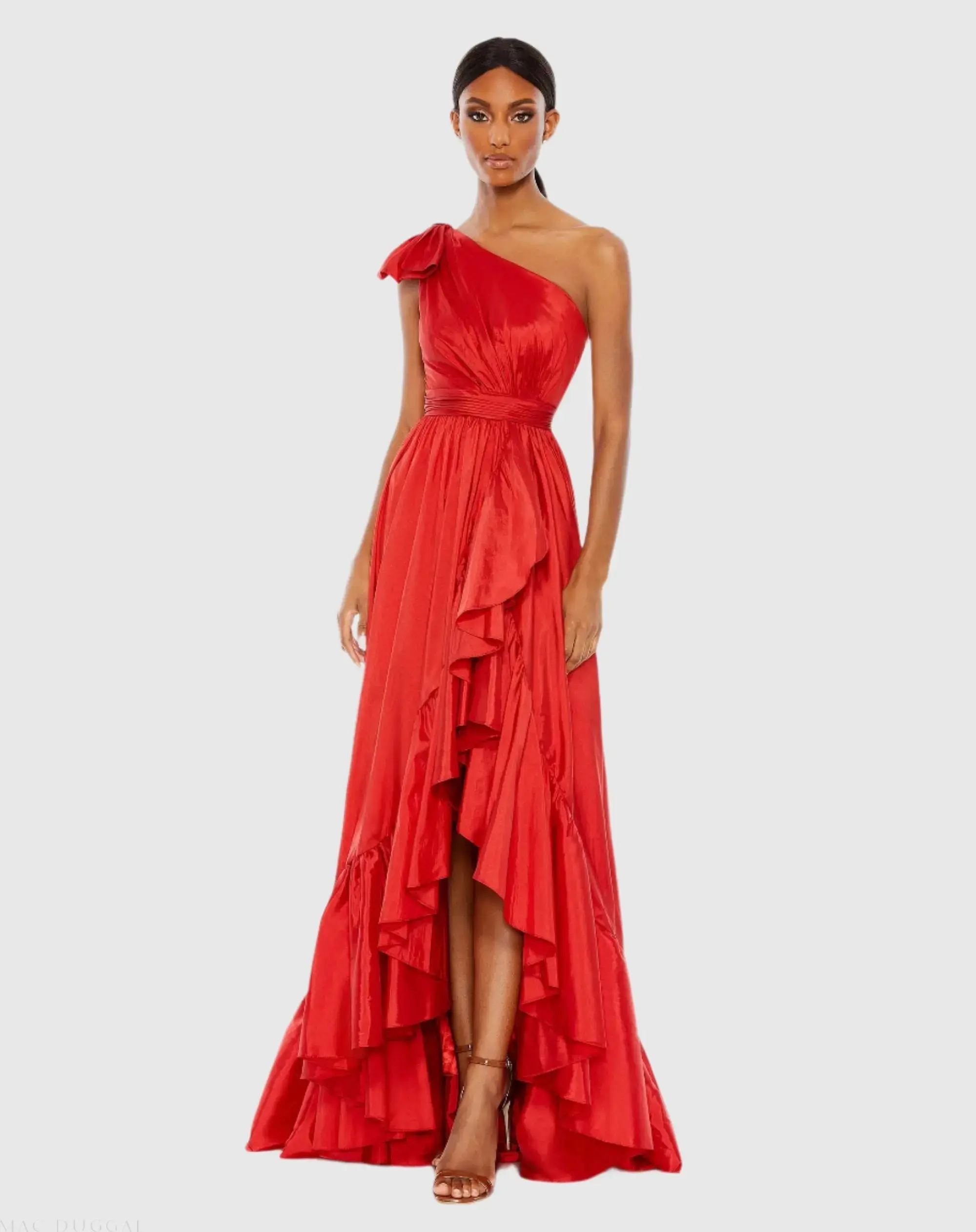 Bow One Shoulder Ruffle Asymmetrical Hem Gown - Image 2