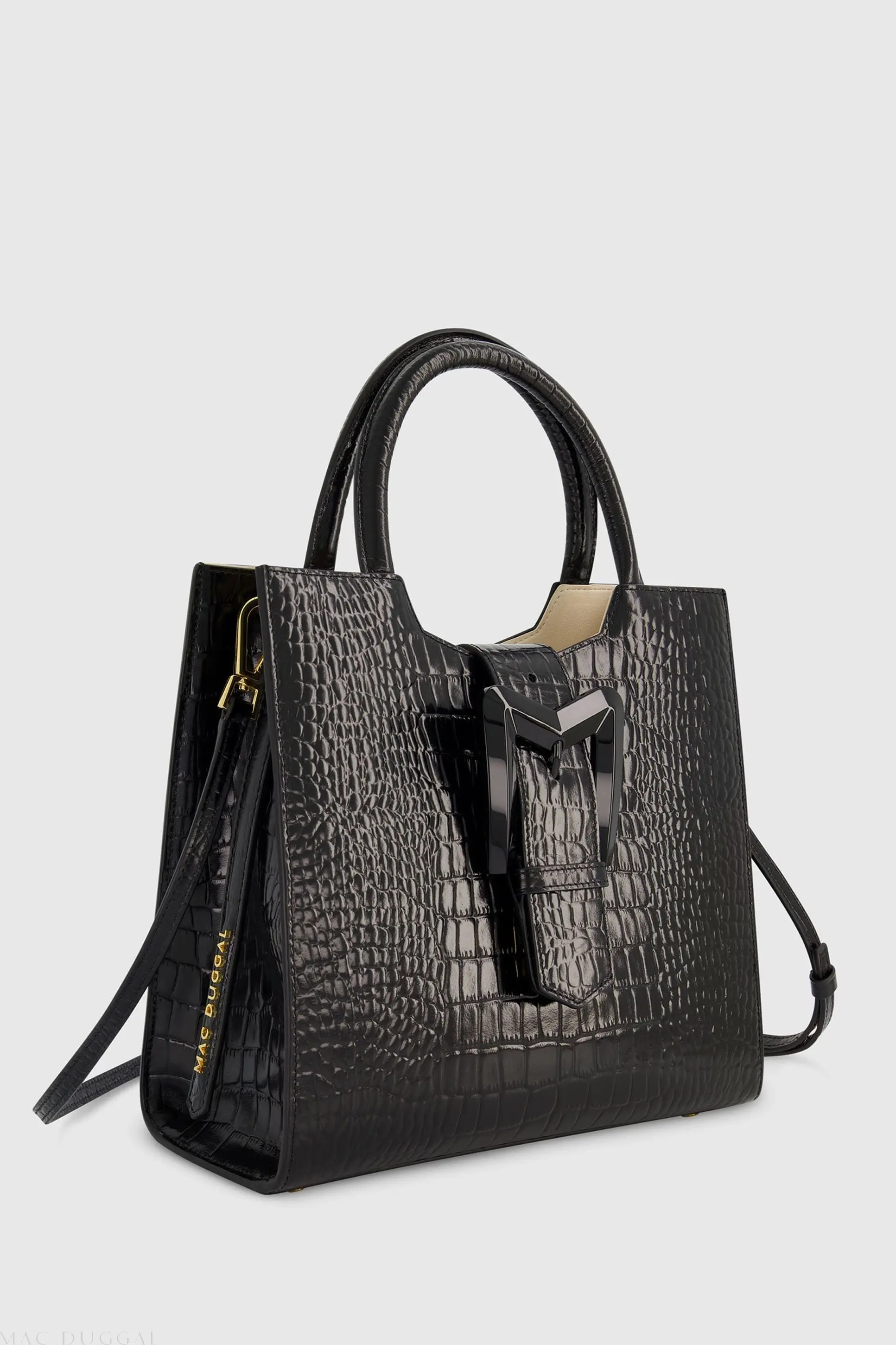 Black Medium Croc Embossed Leather Tote - Image 2