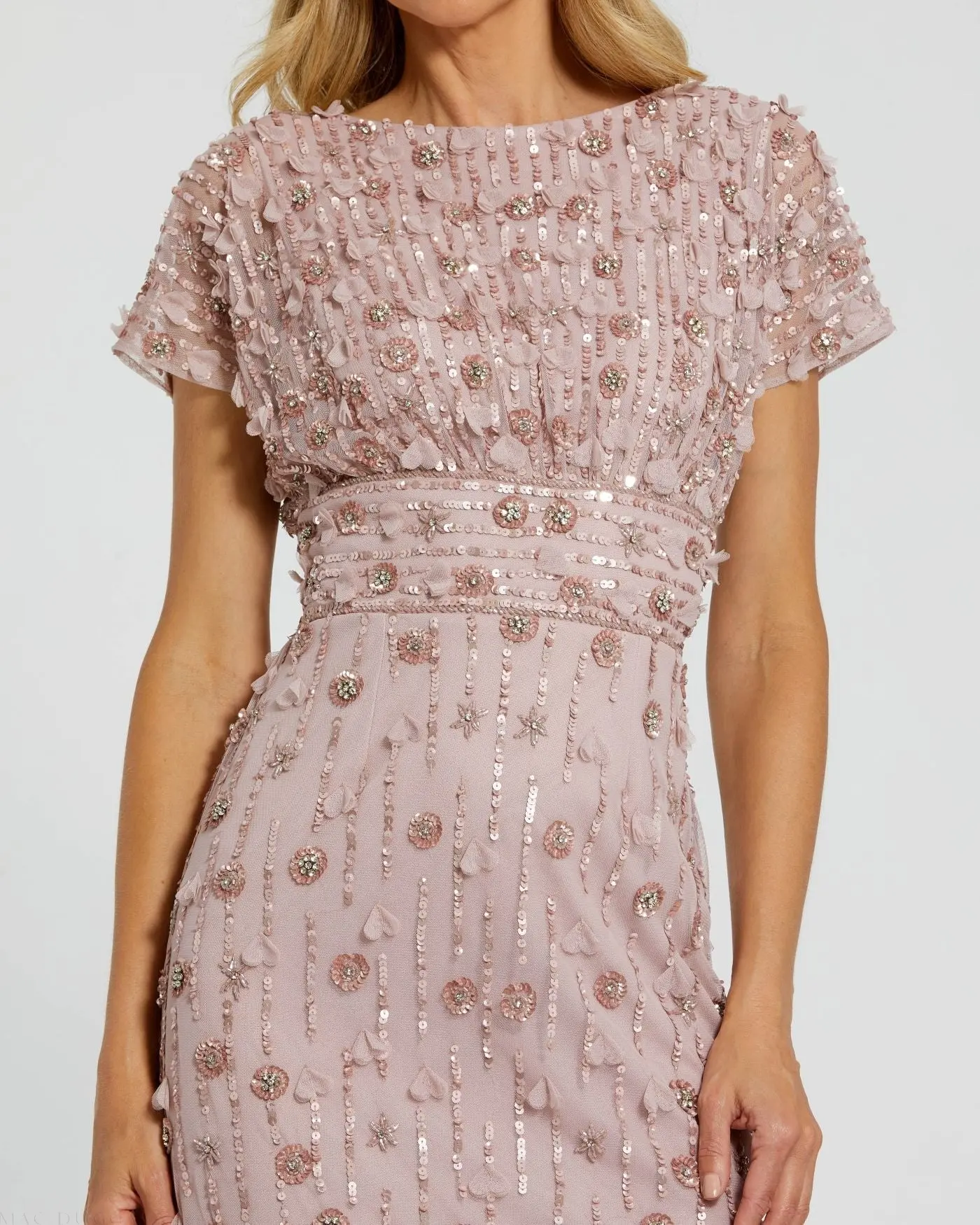 Pink Cap Sleeve Sheath Midi Dress With Floral Beading - Image 2