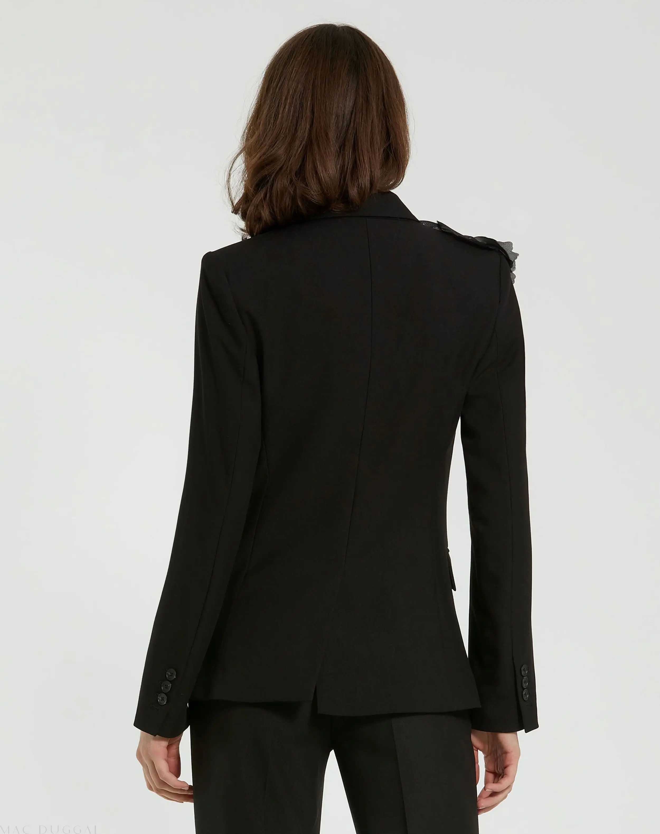 Black Classic Crepe Blazer Jacket With Flower - FINAL SALE - Image 3
