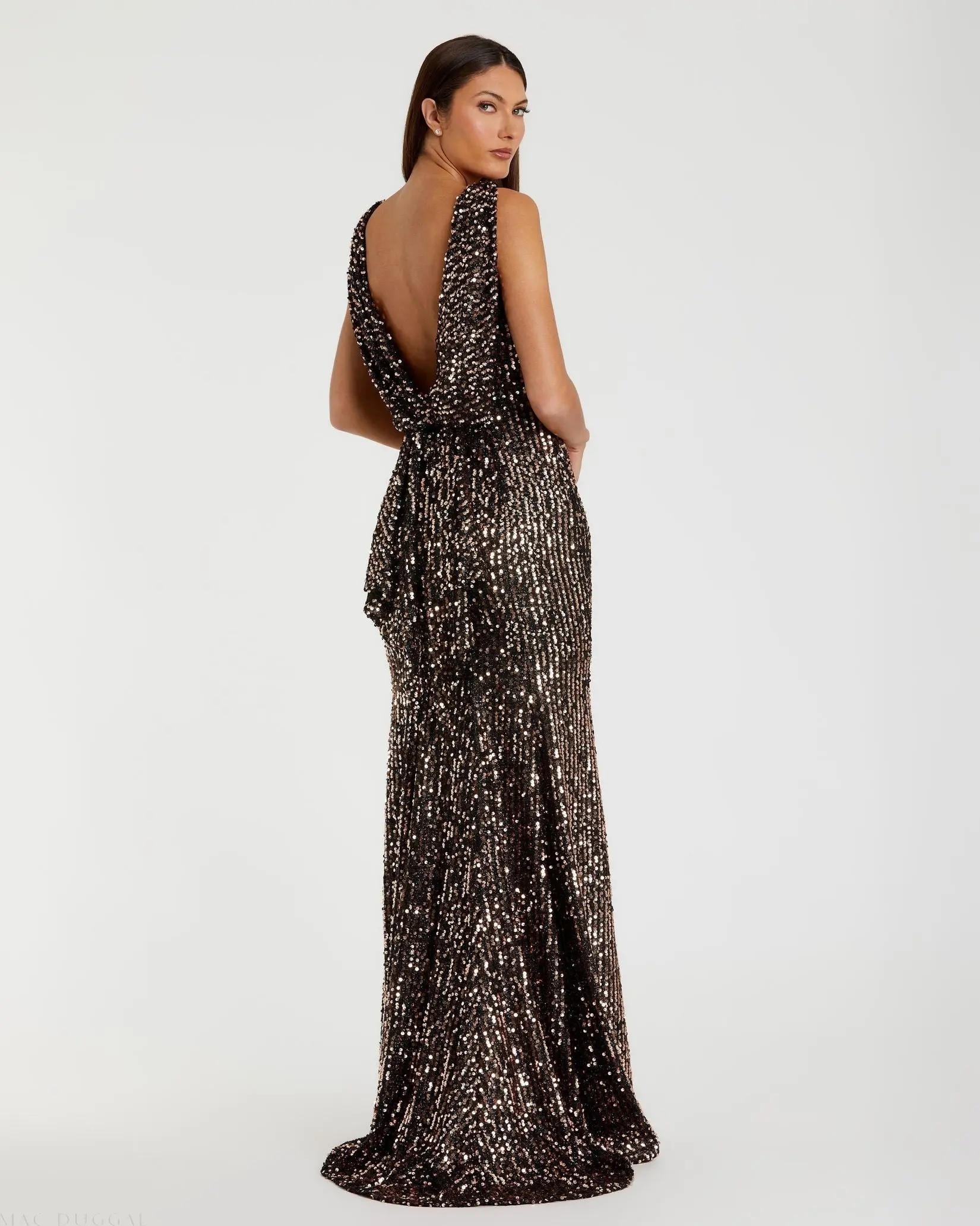 Brown Cowl Back Boat Neck Sequined Evening Gown - Image 3
