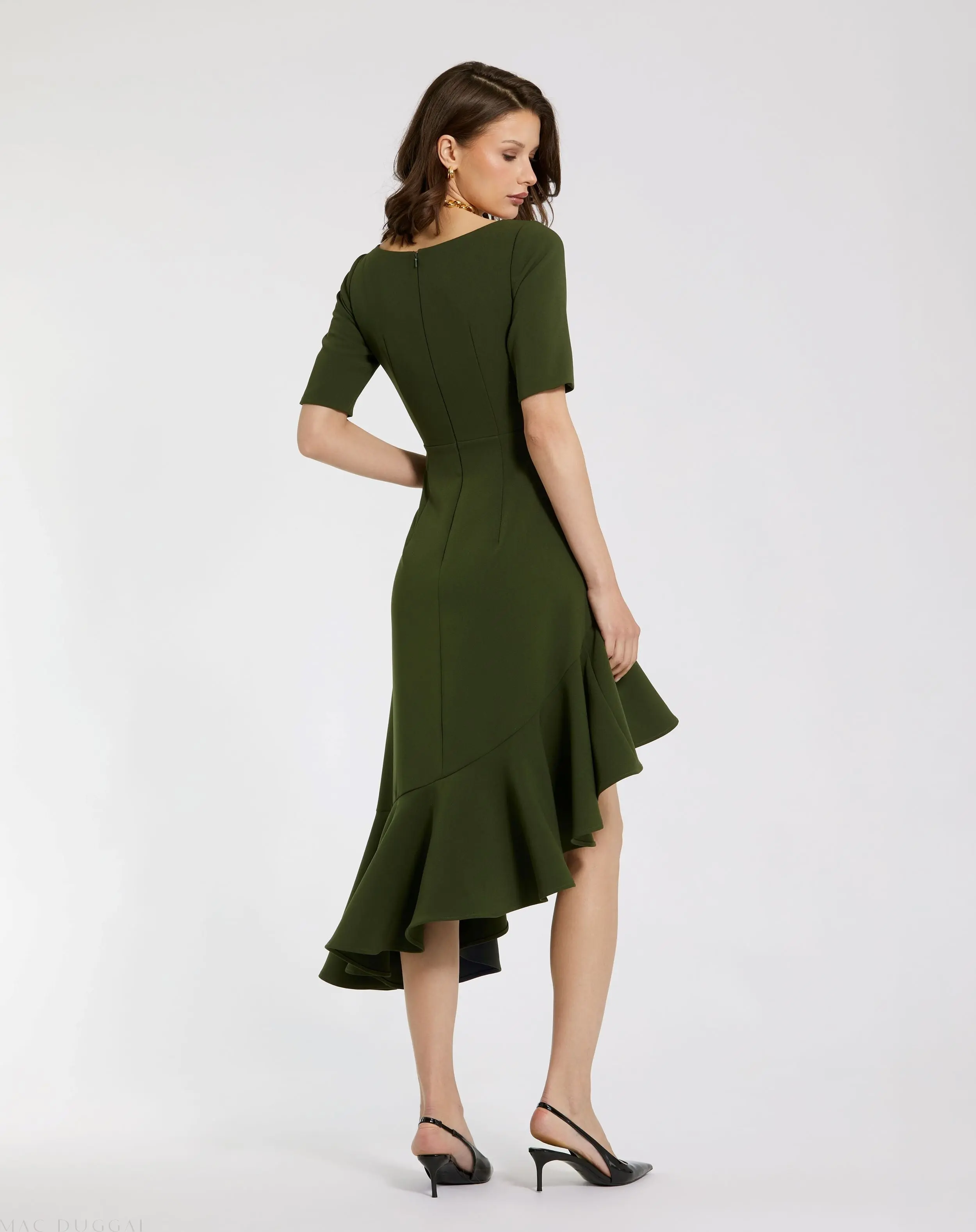Green Crepe 3/4 Sleeve Asymmetrical Hem Dress - FINAL SALE - Image 4