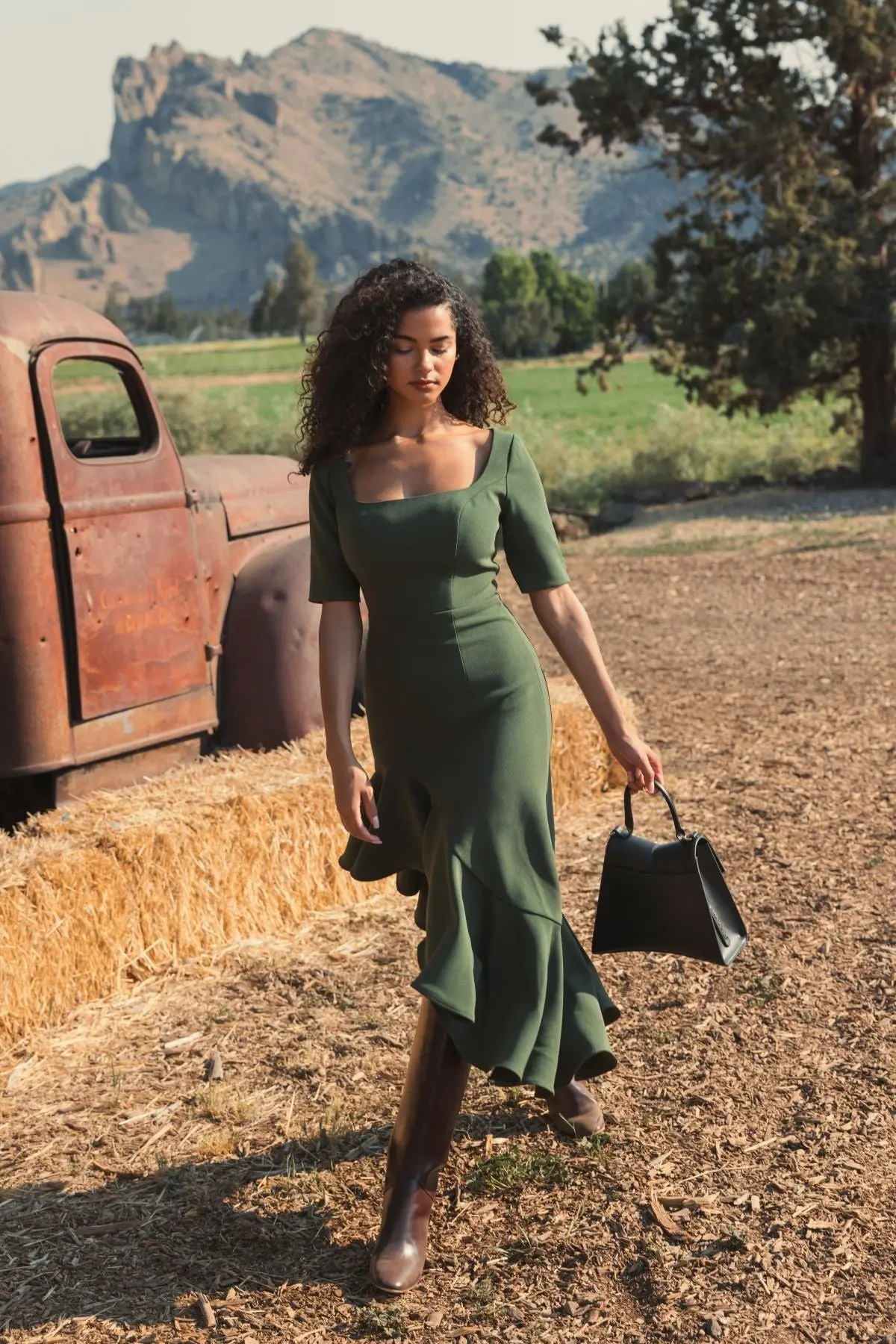 Green Crepe 3/4 Sleeve Asymmetrical Hem Dress - FINAL SALE - Image 5