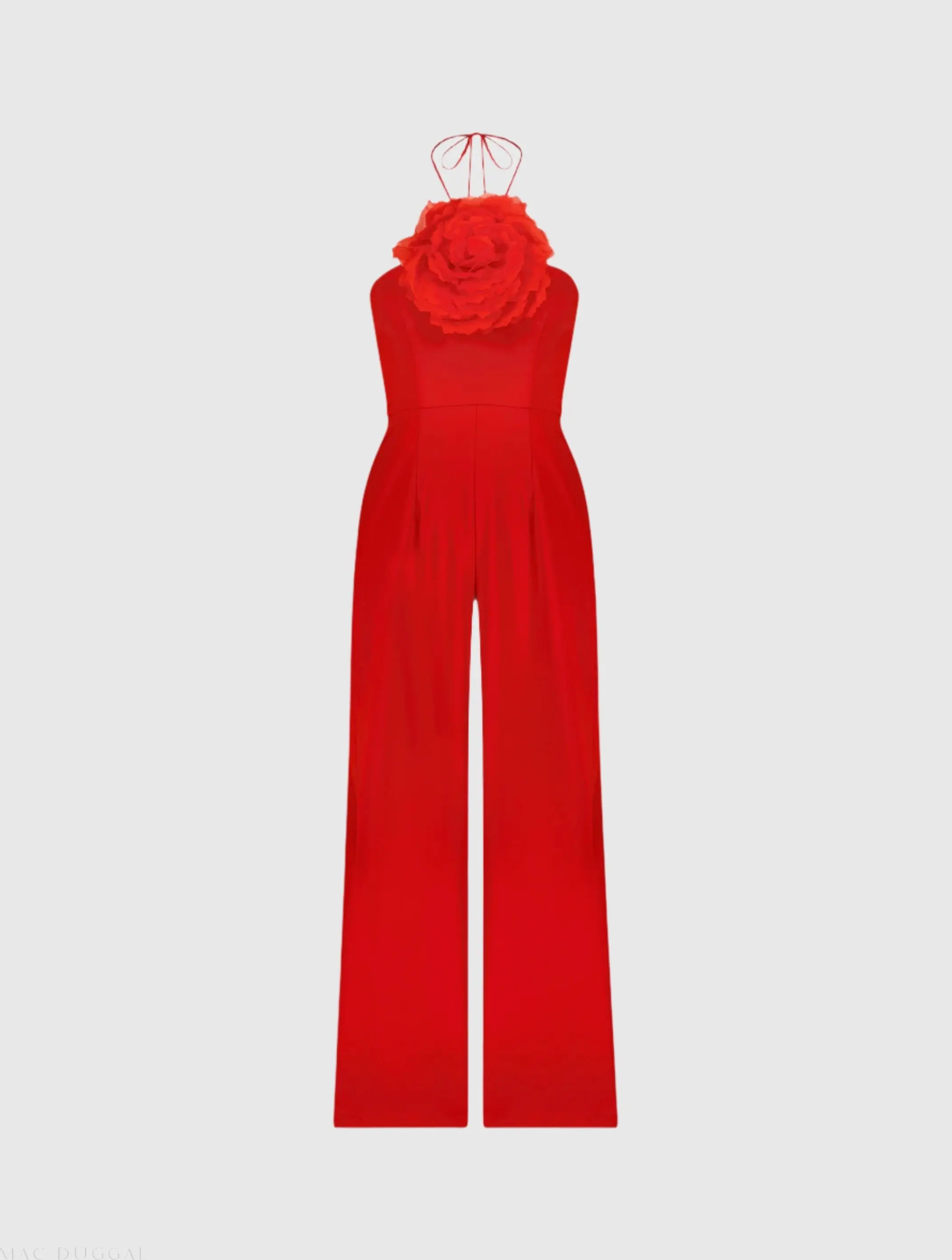 Red Halter Neck Crepe Jumpsuit With Flower - Image 2