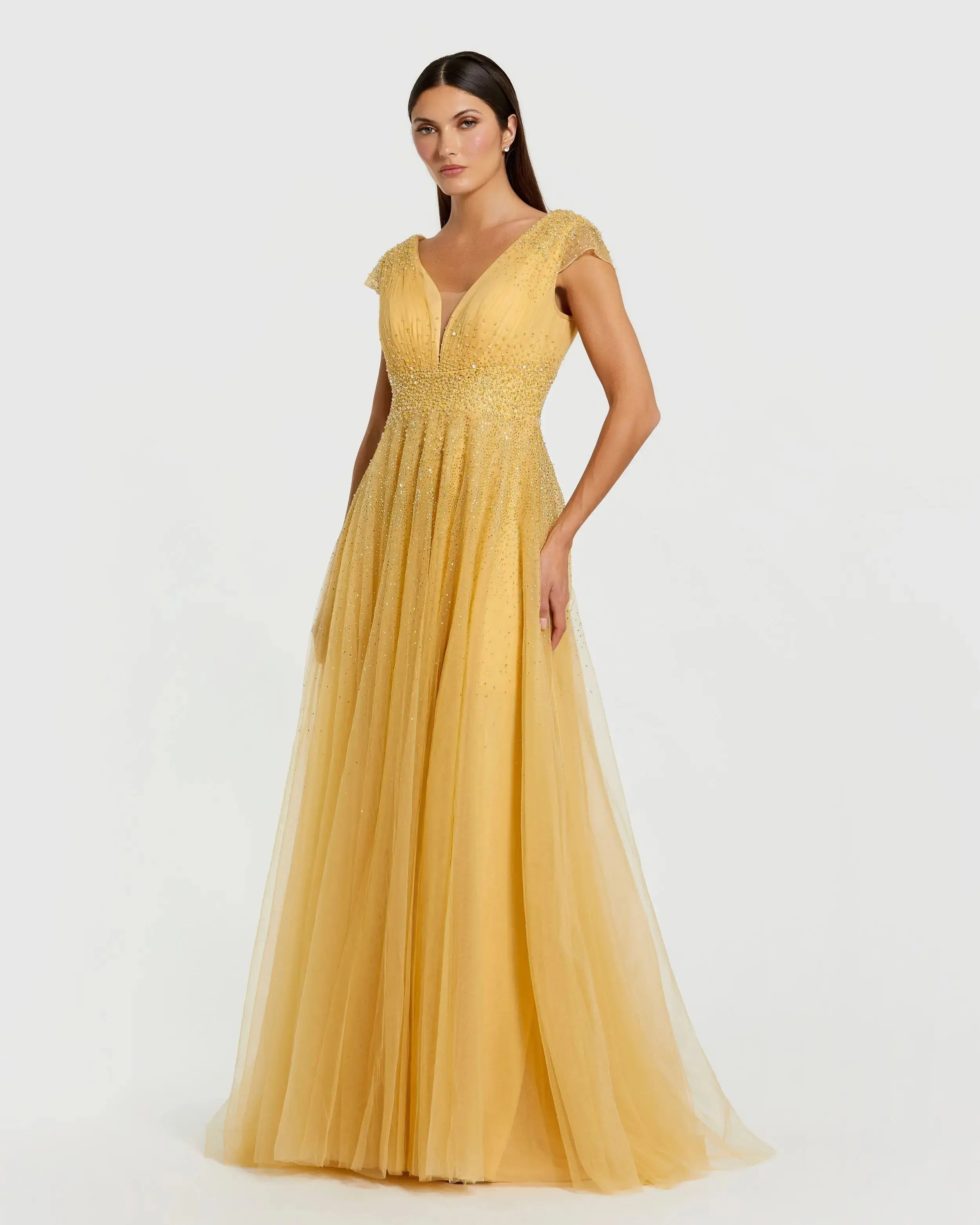 Embellished Cap Sleeve V Neck Tulle Gown - Image 2