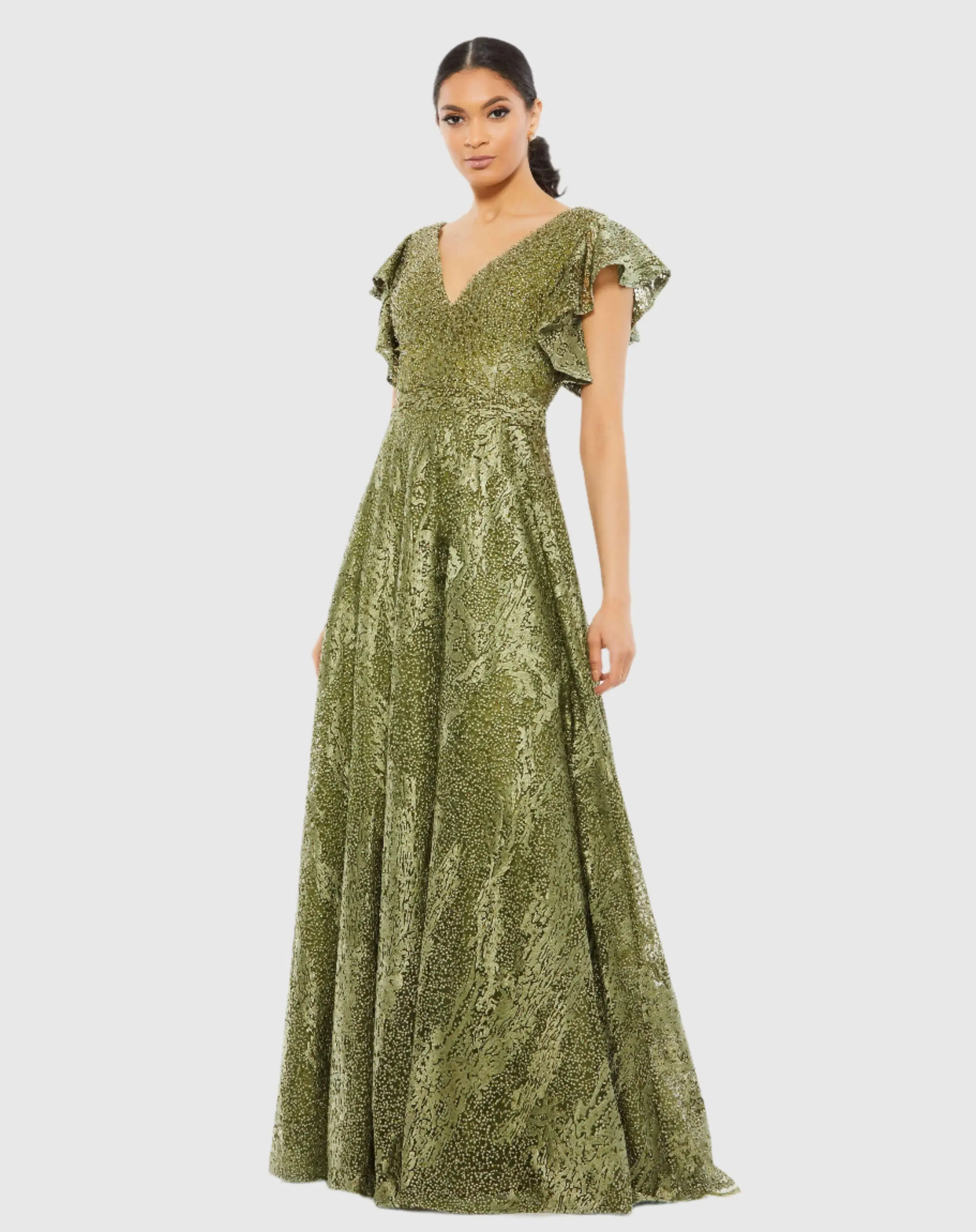 Embroidered Flutter Sleeve V-Neck Gown - Image 2