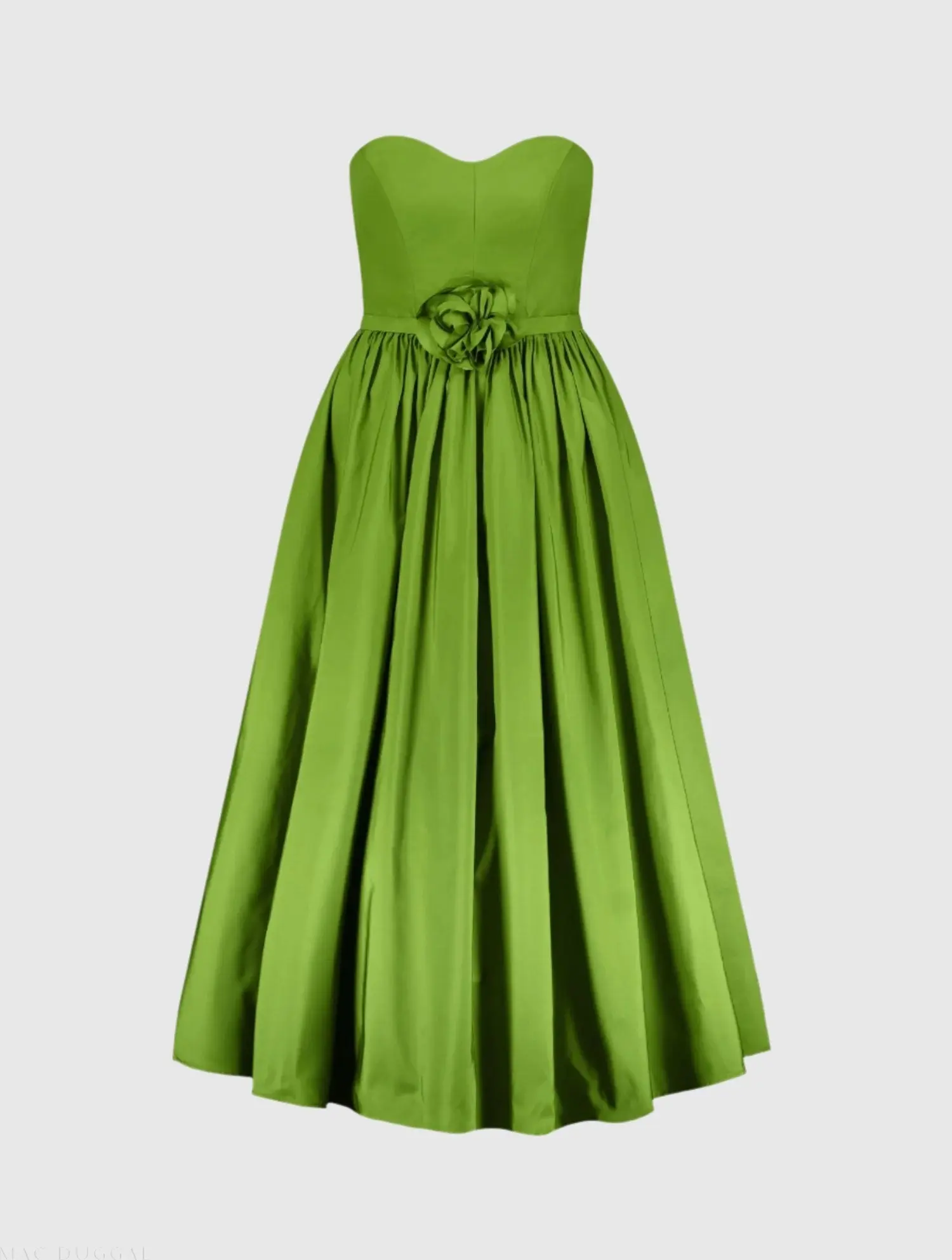 Green Faille Strapless A Line Midi Dress With 3D Rose - Image 2