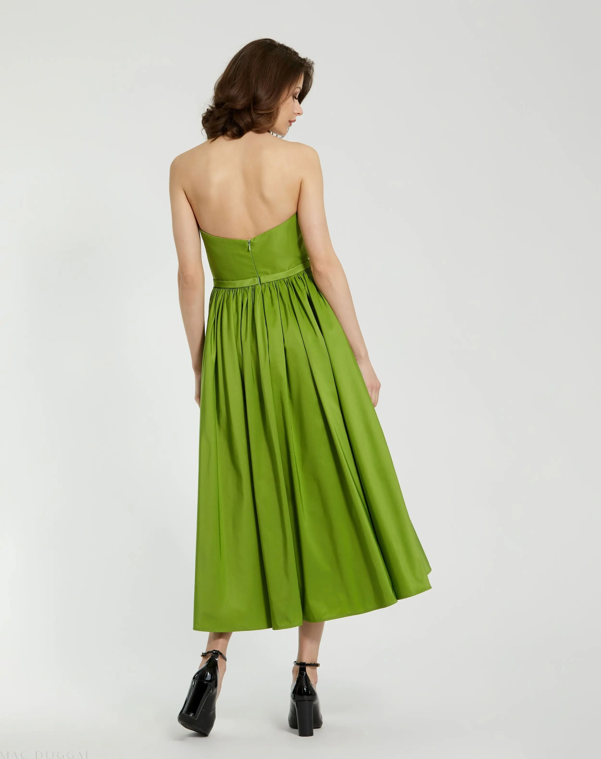 Green Faille Strapless A Line Midi Dress With 3D Rose - Image 4