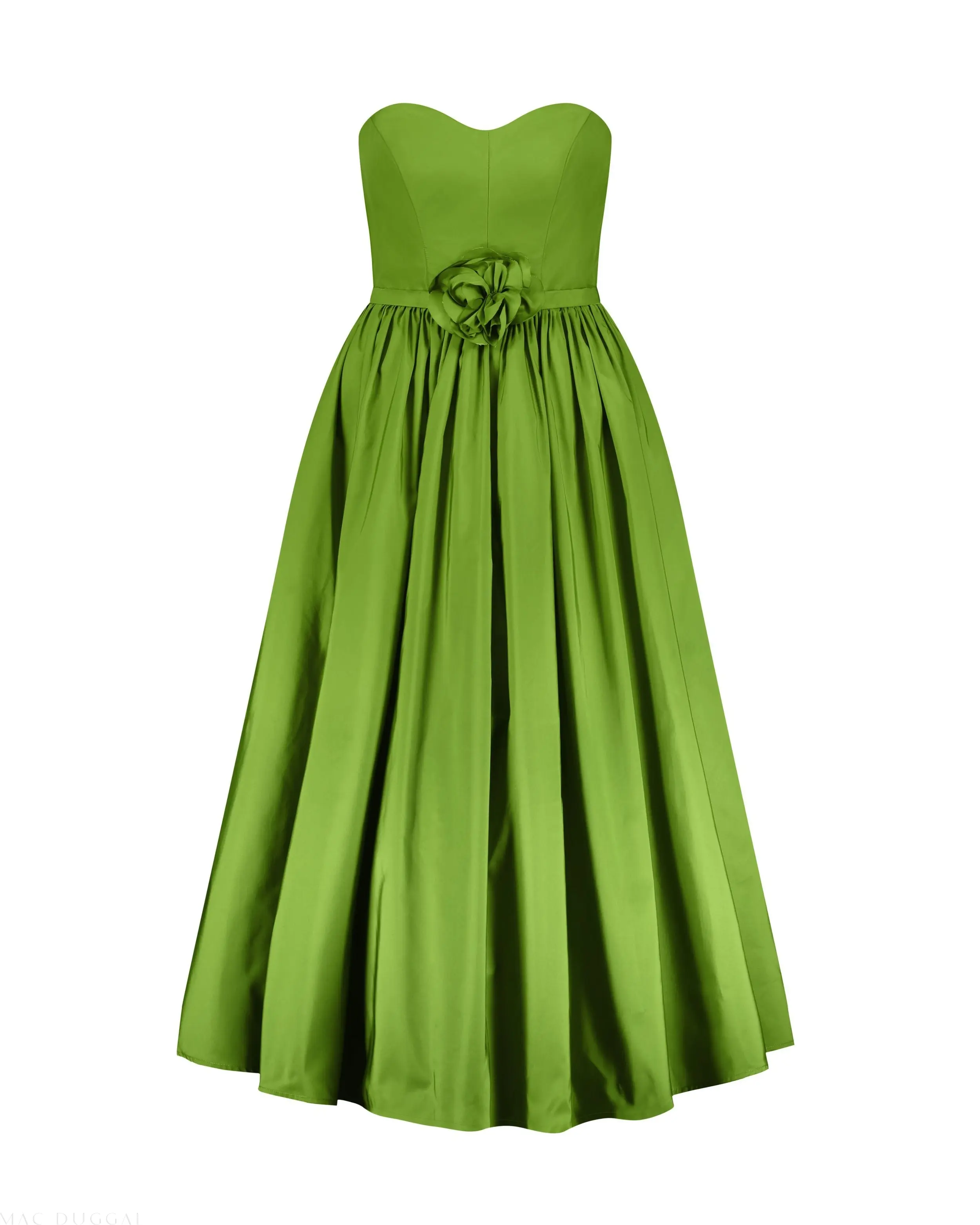 Green Faille Strapless A Line Midi Dress With 3D Rose - Image 6