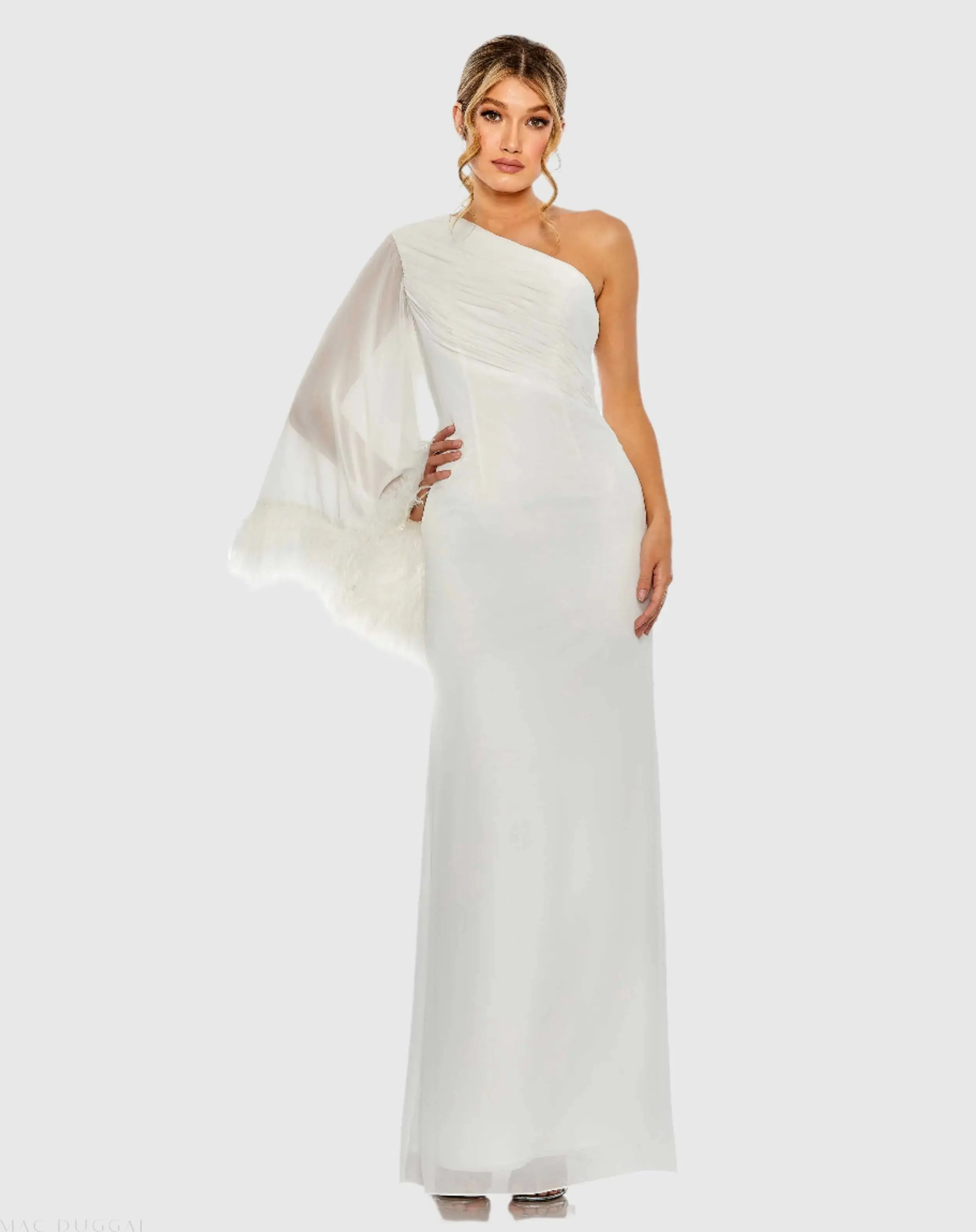 Feather Cuff One Shoulder Ruched Gown - Image 2