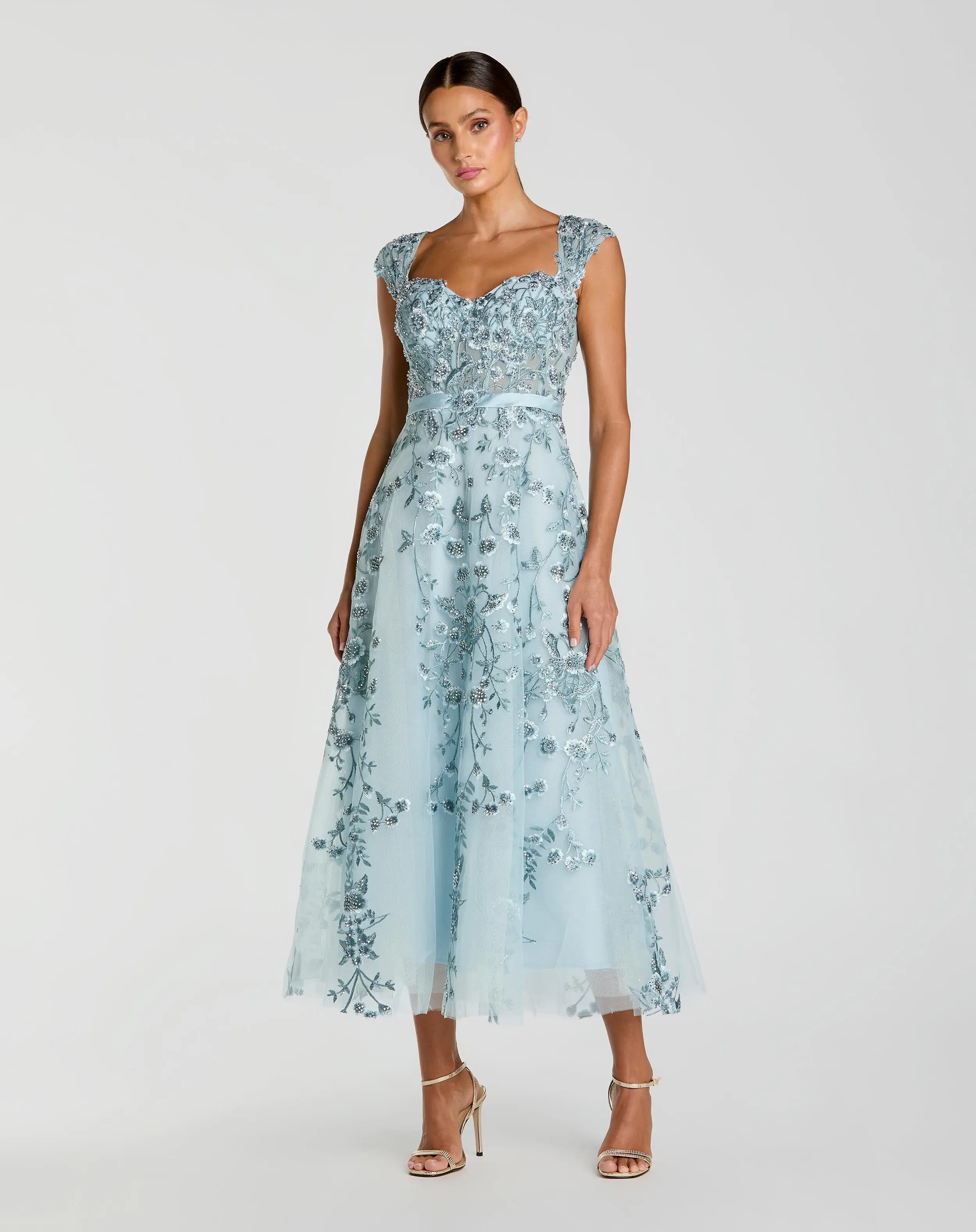 Blue Floral Embroidered Sweetheart Neckline Midi Dress