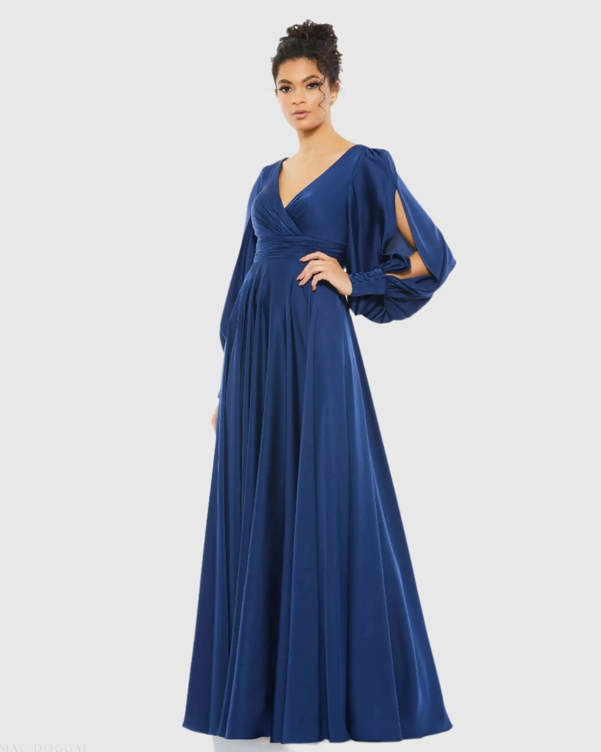 Flowy Split Bishop Sleeve Faux Wrap Gown - Image 2