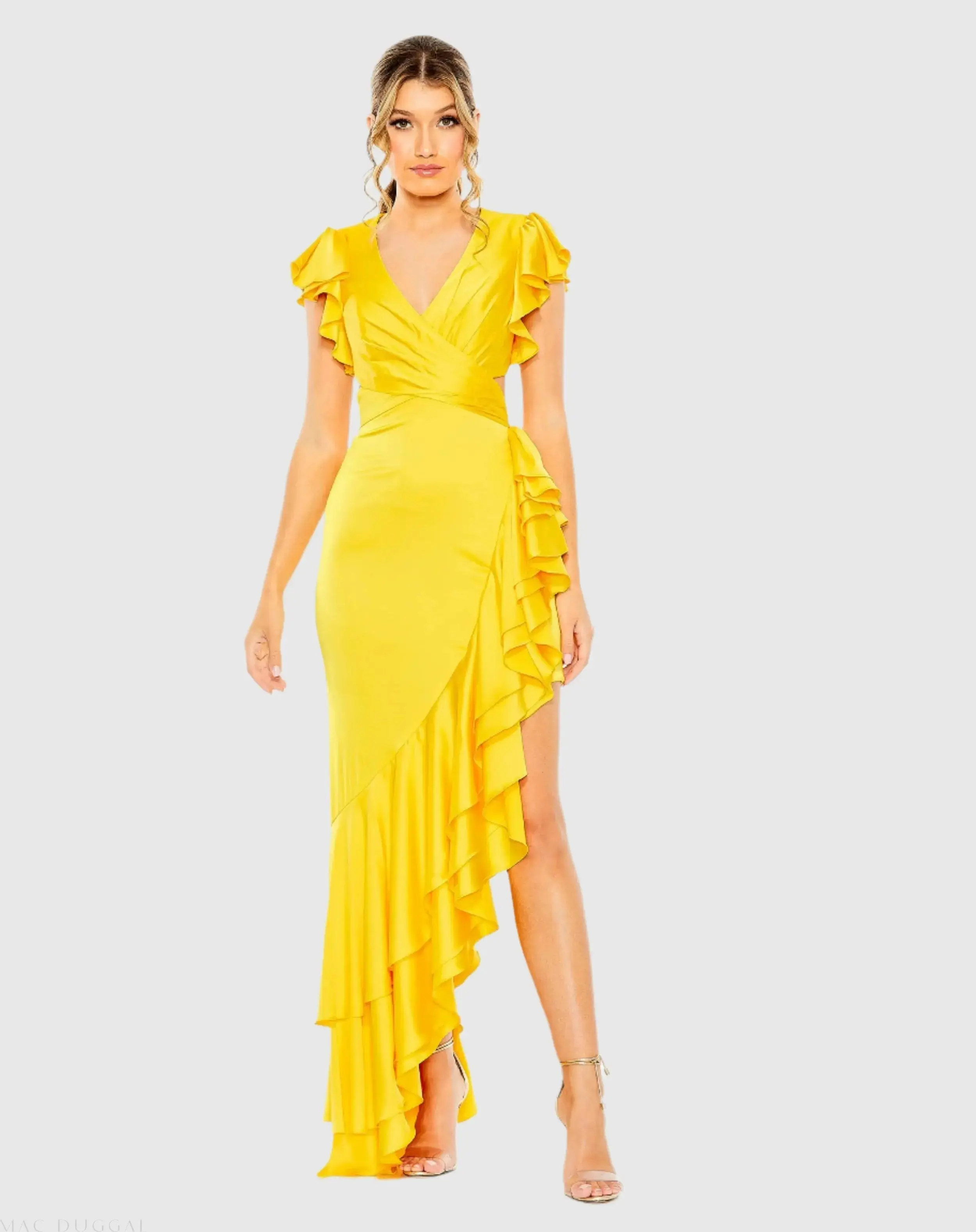 Flutter Sleeve Cut Out Asymmetrical Ruffled Gown - Image 2