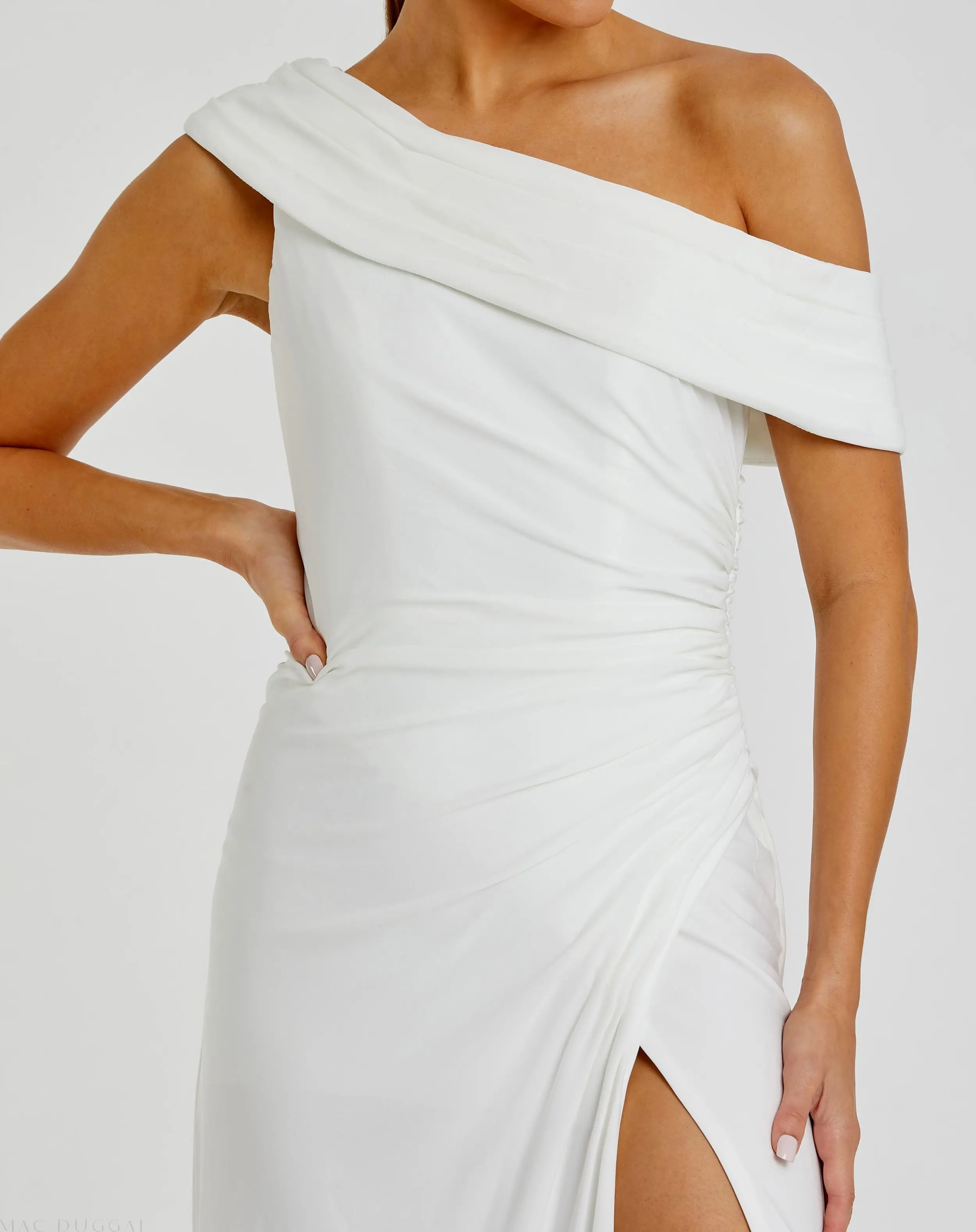 White Foldover Off-the-Shoulder Slit Gown - Image 2