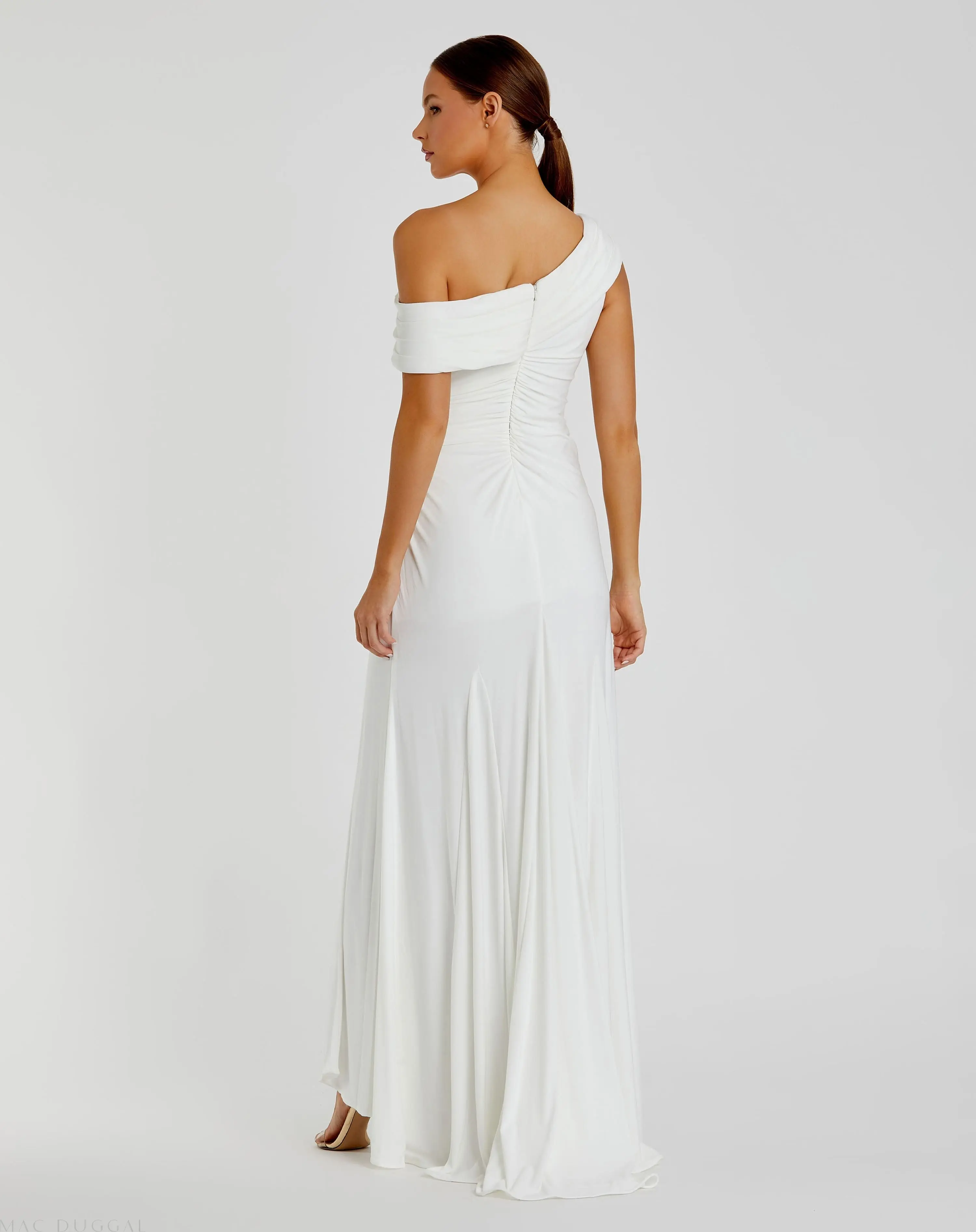 White Foldover Off-the-Shoulder Slit Gown - Image 3
