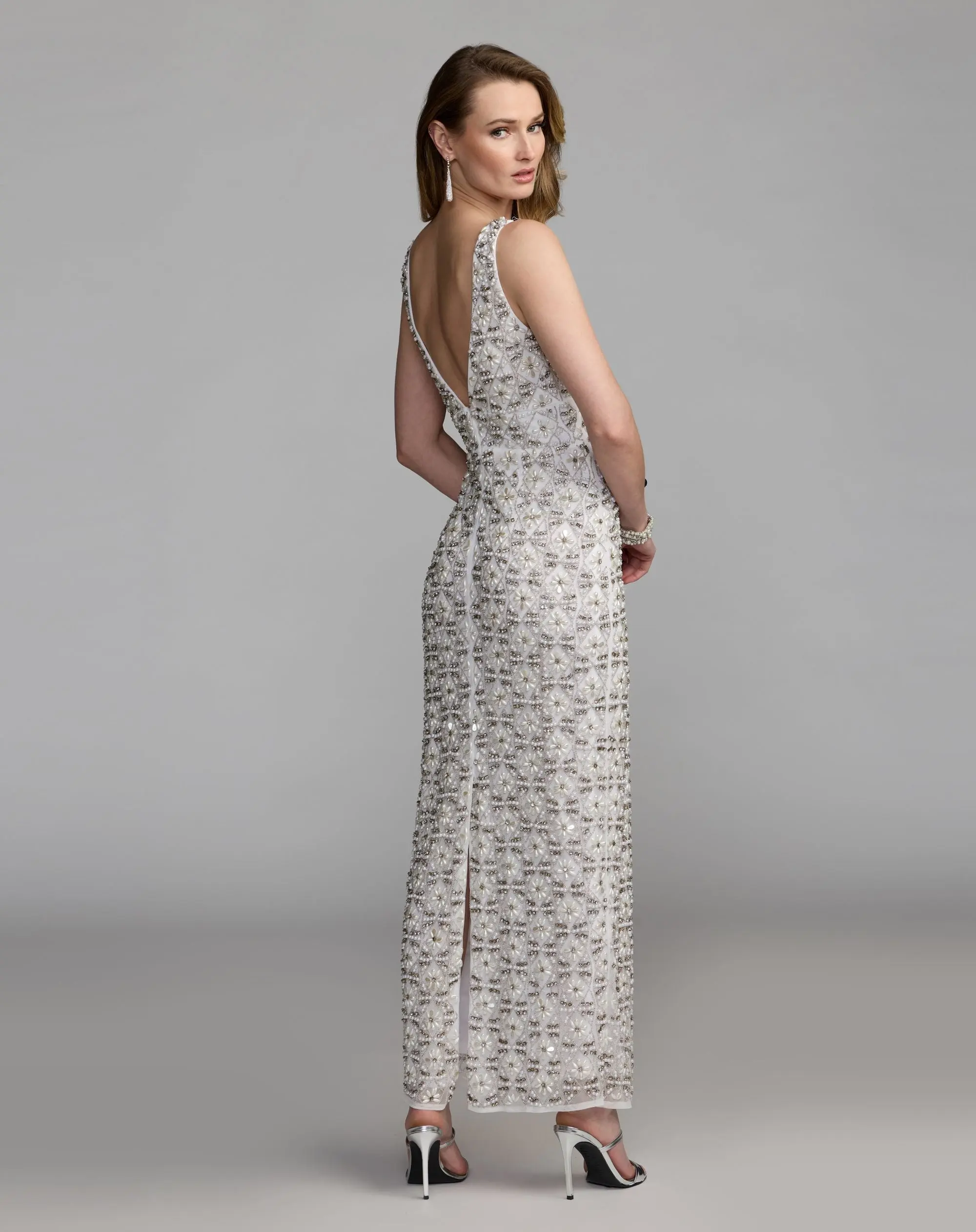 White Pearl Embellished Sleeveless Column Dress - Image 7