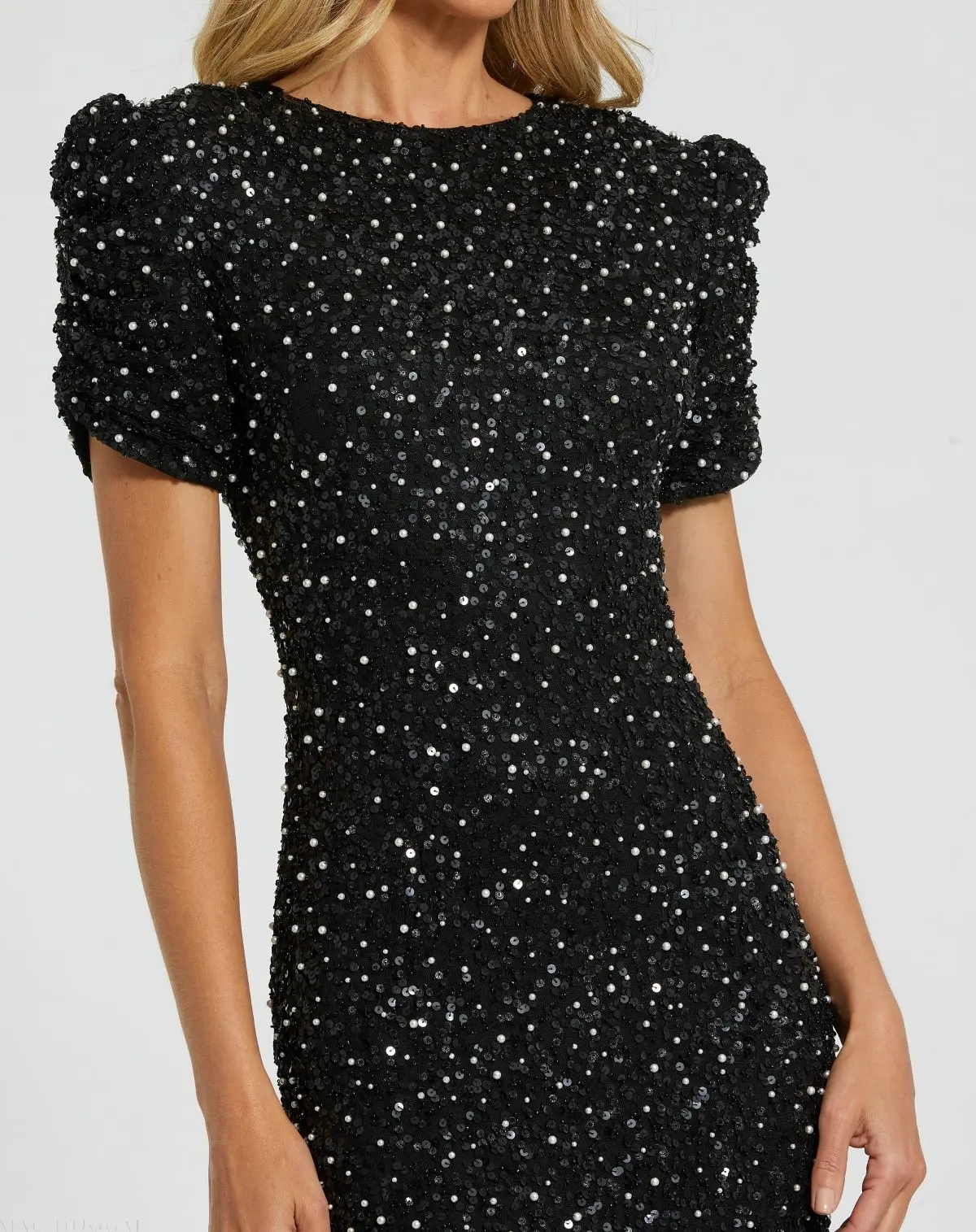 Black Gathered Short Sleeve Embellished Gown - Image 2