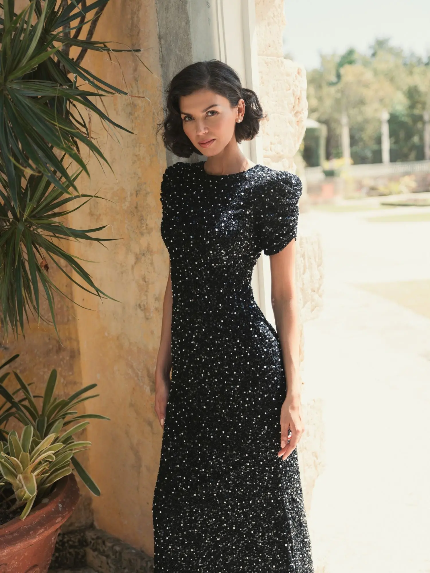 Black Gathered Short Sleeve Embellished Gown - Image 5