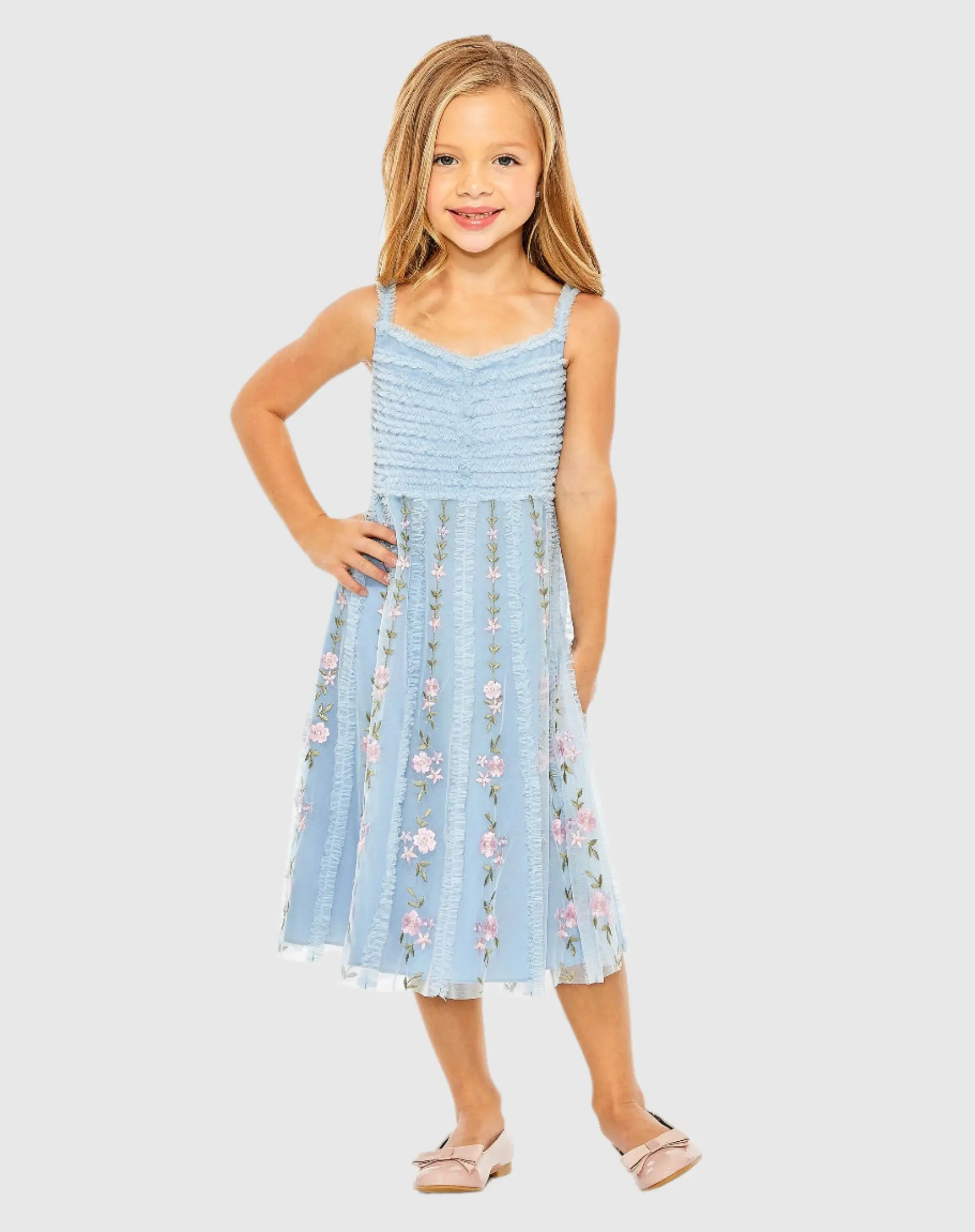 Girls Ruffle Floral Embroidered Detail Mini Dress - Image 2