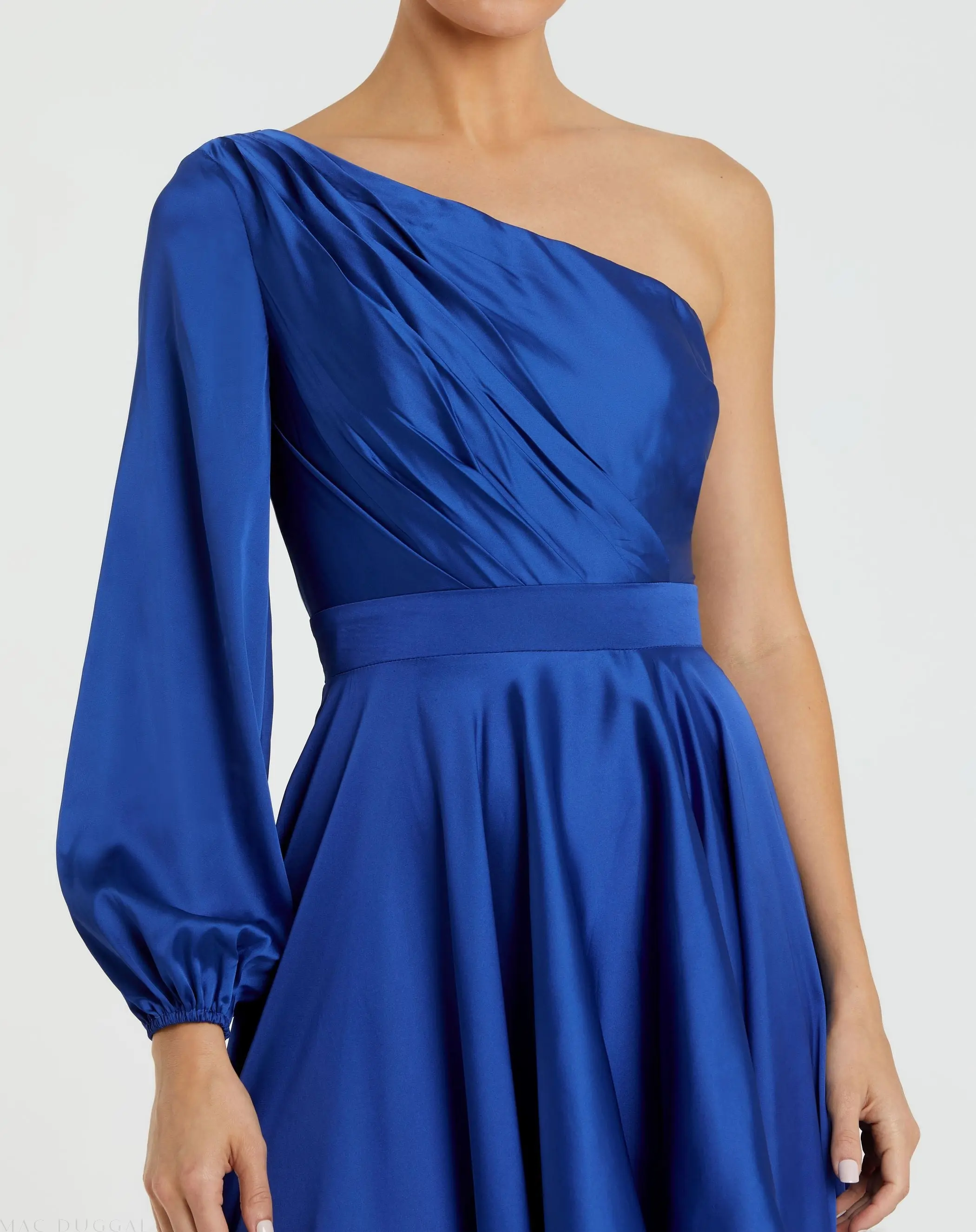 Dark Blue Long Sleeve One Shoulder Satin High Low A-line Gown - FINAL SALE - Image 2
