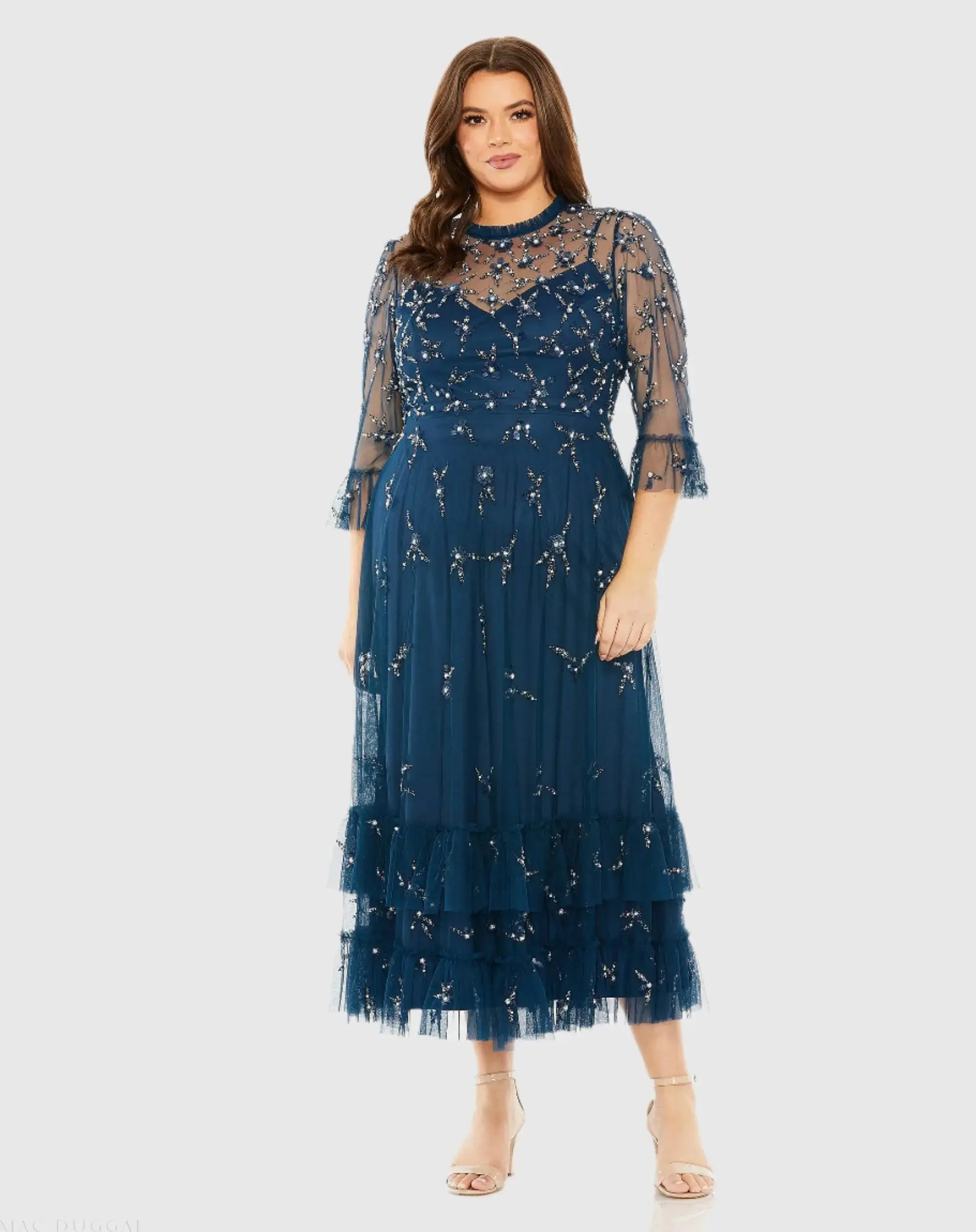 High Neck Embellished Flutter Half Length Sleeve Dress - Image 2