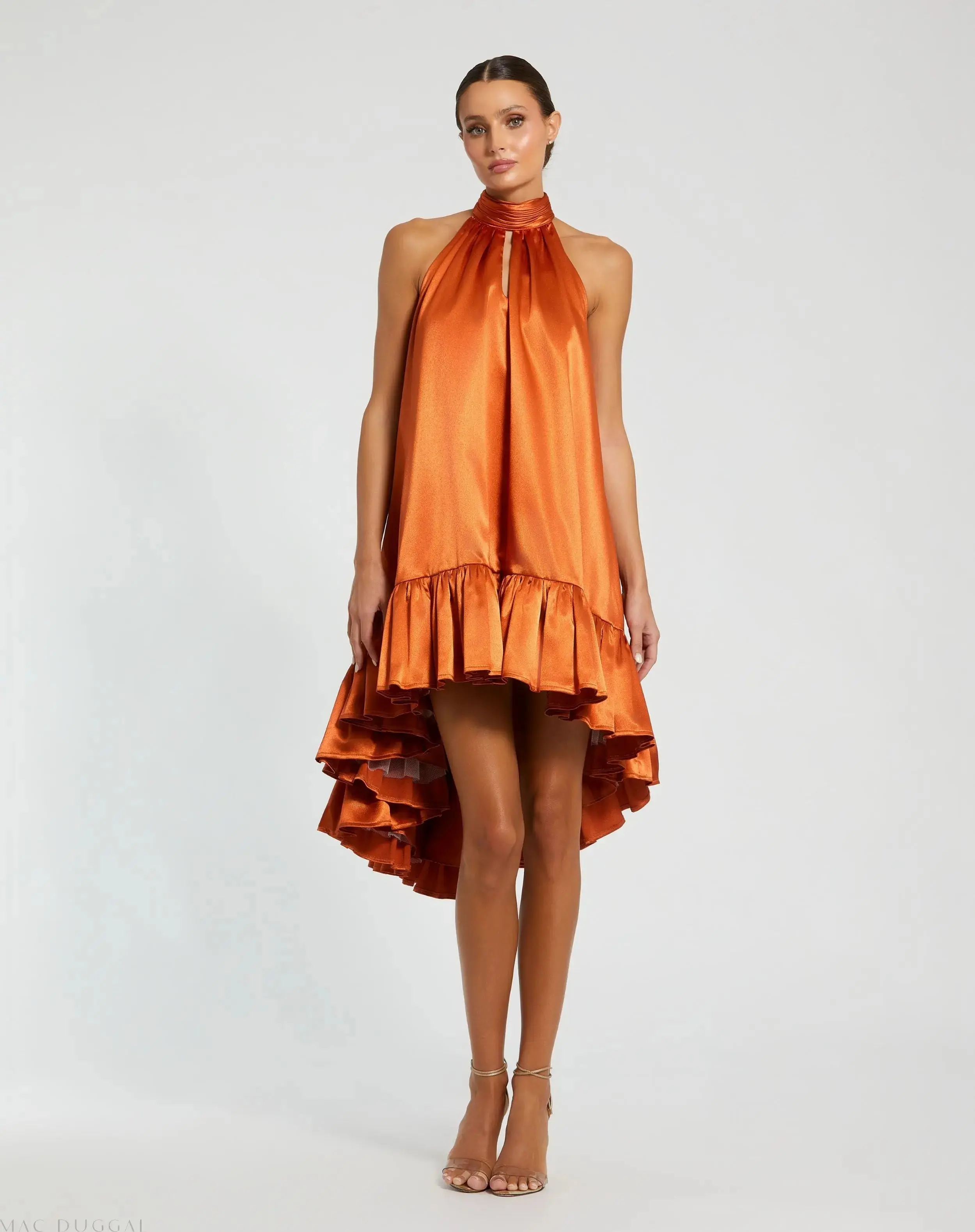 High Neck Satin Mini Dress With Keyhole