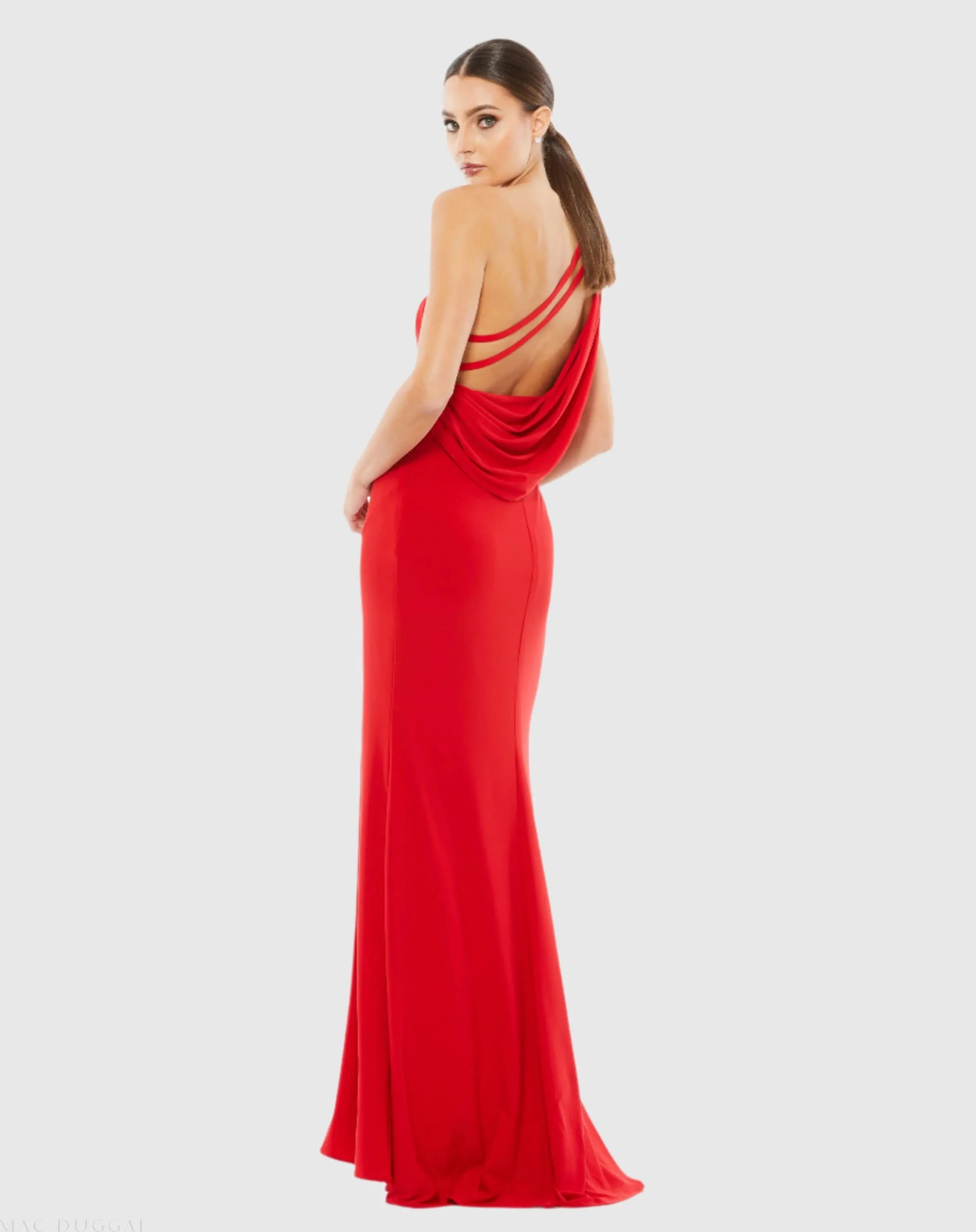Red Jersey One Shoulder Draped Back Gown - Image 3