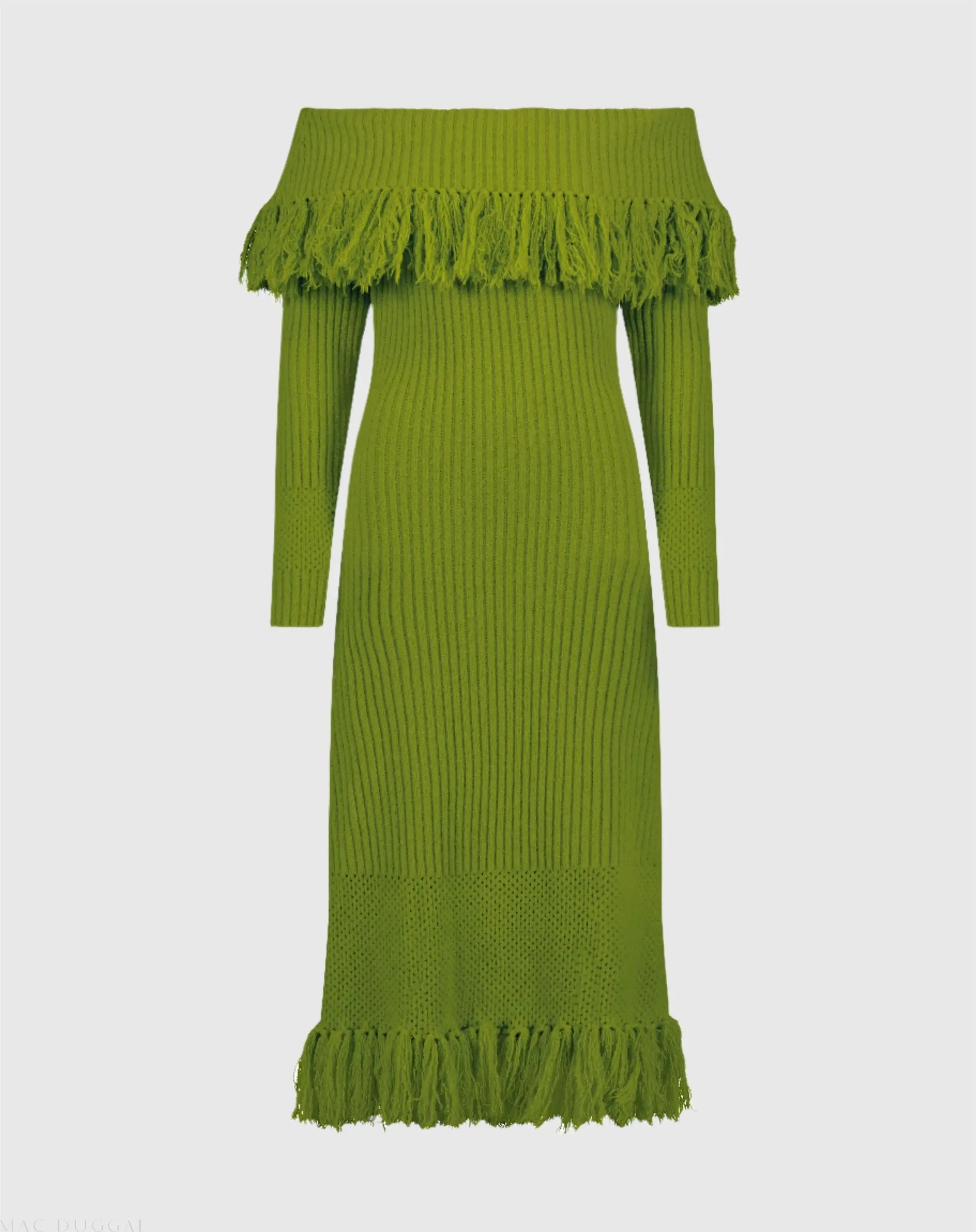 Green Off The Shoulder Fringe Long Sleeve Knit Dress - FINAL SALE - Image 2