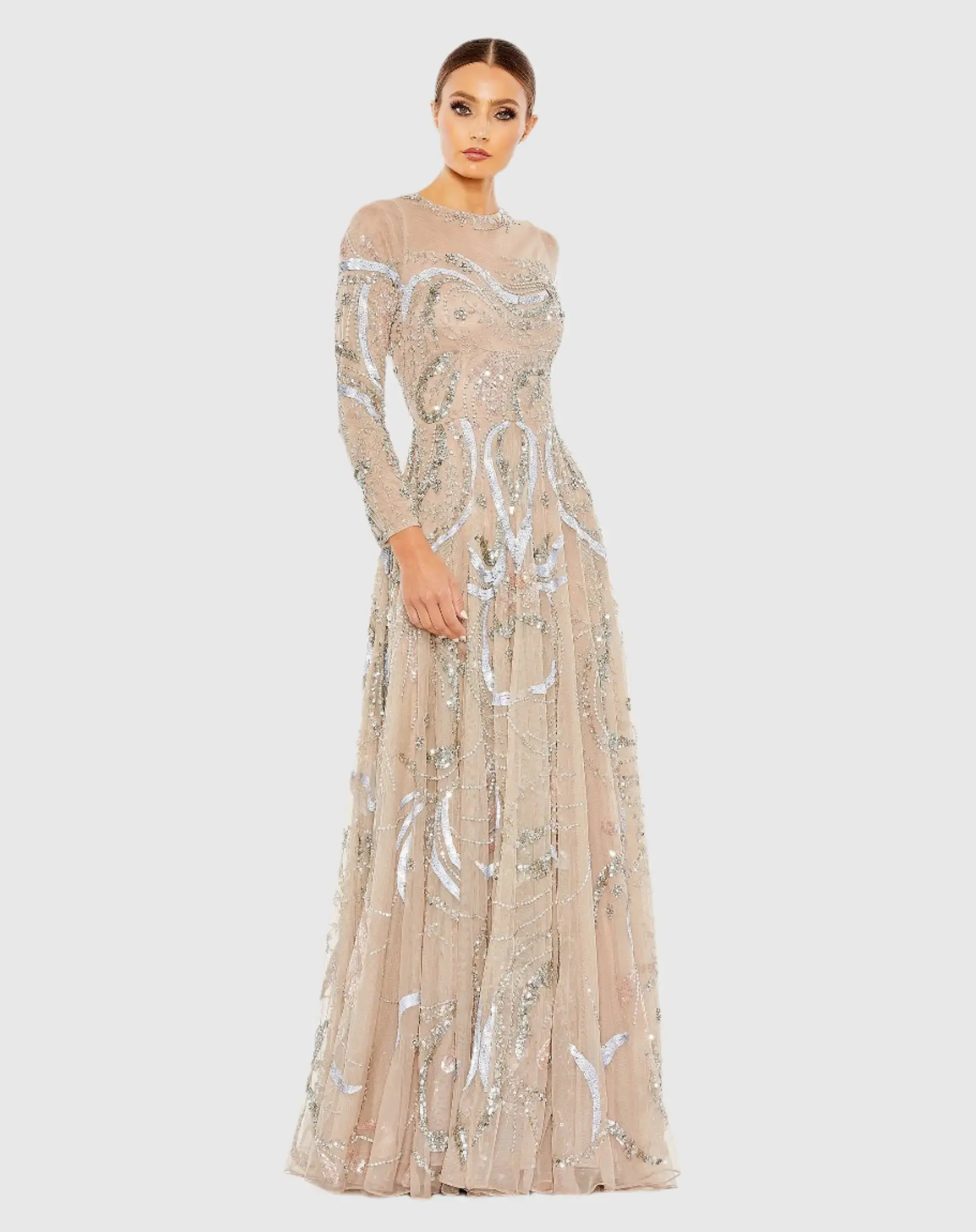 Long Sleeve Embellished Illusion Evening Gown - Image 2